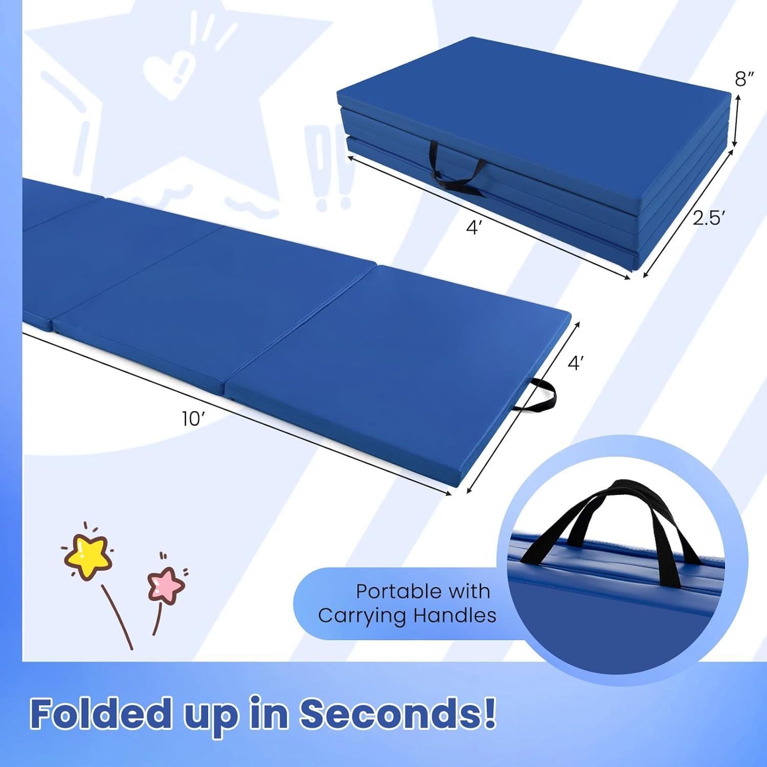 image:imageGiantex 4x10x 2 Gymnastics Mat 4Panel Folding Aerobics Exercise Mat wHook amp Loop Fastener Carrying Handle Portable Tumbling Mat for Stretching Yoga Cheerleading Martial ArtsBlue