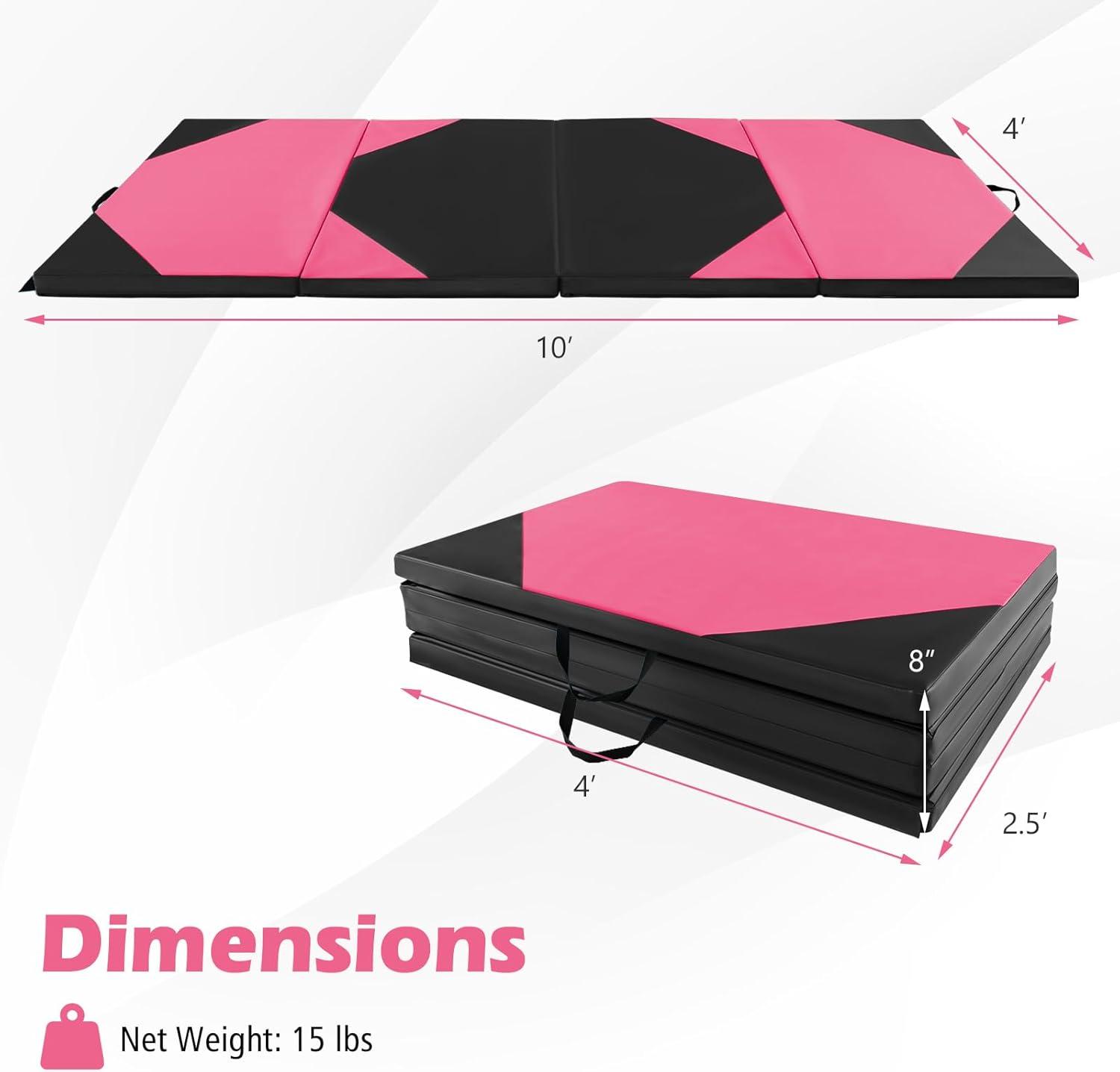 image:imageGiantex 4x10x 2 Gymnastics Mat 4Panel Folding Aerobics Exercise Mat wHook amp Loop Fastener Carrying Handle Portable Tumbling Mat for Stretching Yoga Cheerleading Martial ArtsRoseBlack
