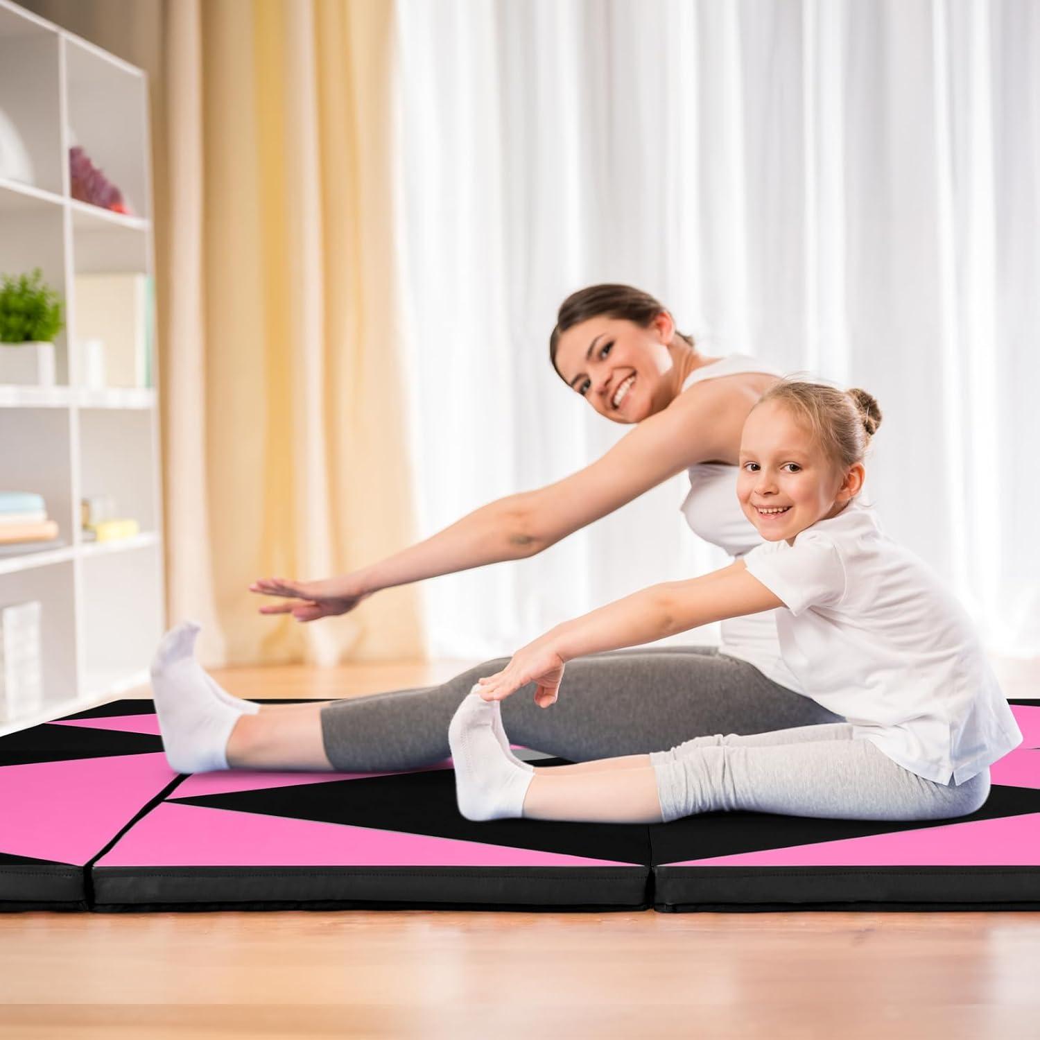 image:imageGiantex 4x10x 2 Gymnastics Mat 4Panel Folding Aerobics Exercise Mat wHook amp Loop Fastener Carrying Handle Portable Tumbling Mat for Stretching Yoga Cheerleading Martial ArtsBlackRose