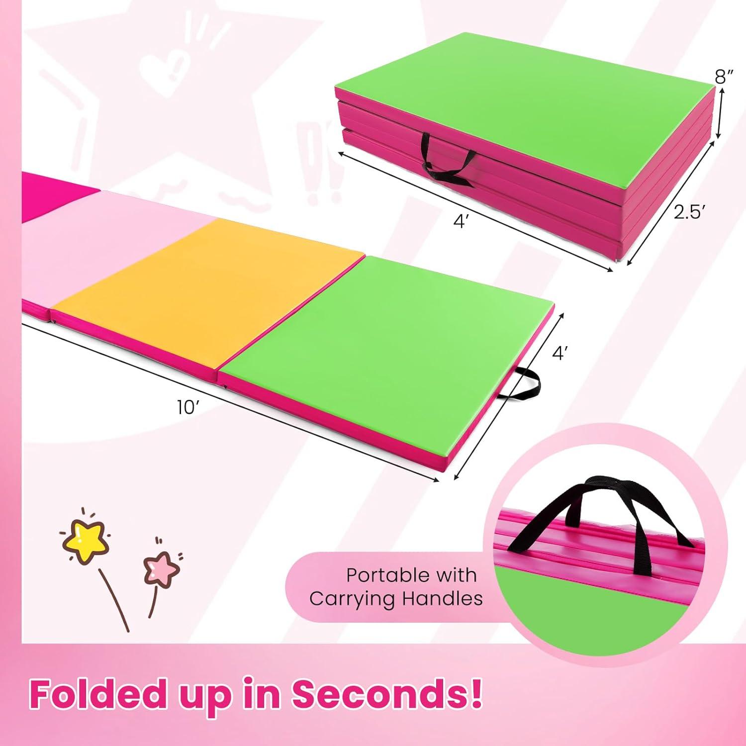 image:imageGiantex 4x10x 2 Gymnastics Mat 4Panel Folding Aerobics Exercise Mat wHook amp Loop Fastener Carrying Handle Portable Tumbling Mat for Stretching Yoga Cheerleading Martial ArtsGreenYellowPink