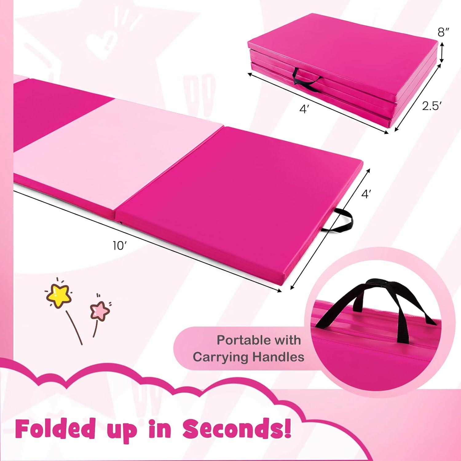 image:imageGiantex 4x10x 2 Gymnastics Mat 4Panel Folding Aerobics Exercise Mat wHook amp Loop Fastener Carrying Handle Portable Tumbling Mat for Stretching Yoga Cheerleading Martial ArtsLight PinkPink