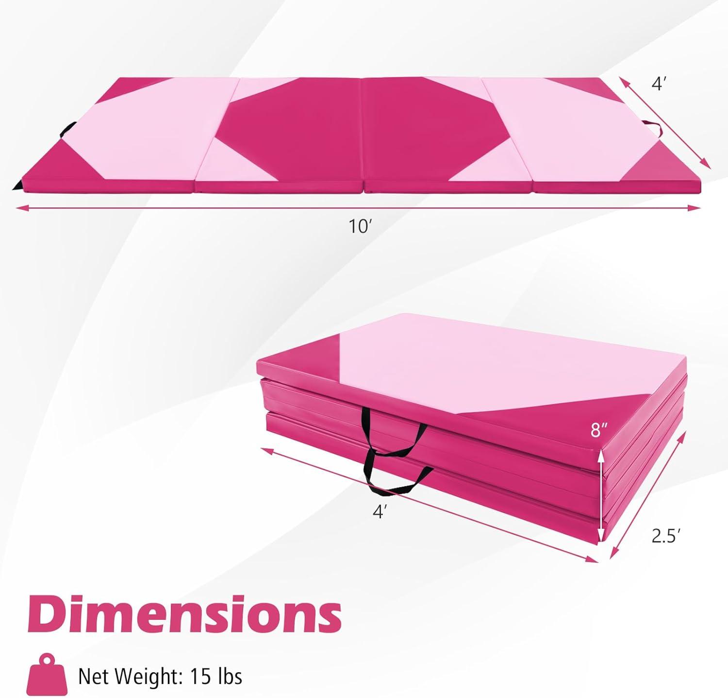 image:imageGiantex 4x10x 2 Gymnastics Mat 4Panel Folding Aerobics Exercise Mat wHook amp Loop Fastener Carrying Handle Portable Tumbling Mat for Stretching Yoga Cheerleading Martial ArtsPinkRose