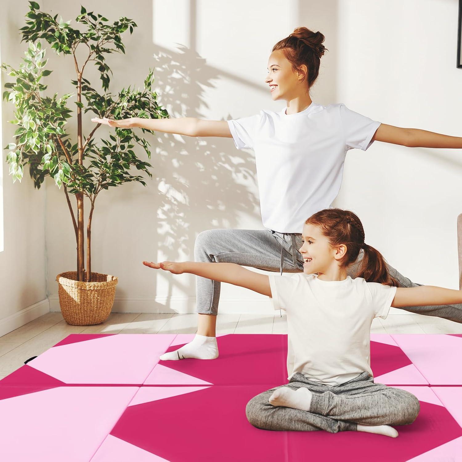 image:imageGiantex 4x10x 2 Gymnastics Mat 4Panel Folding Aerobics Exercise Mat wHook amp Loop Fastener Carrying Handle Portable Tumbling Mat for Stretching Yoga Cheerleading Martial ArtsPinkRose