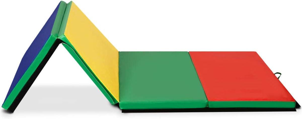 image:imageGiantex 4x10x 2 Gymnastics Mat 4Panel Folding Aerobics Exercise Mat wHook amp Loop Fastener Carrying Handle Portable Tumbling Mat for Stretching Yoga Cheerleading Martial ArtsMulticolor