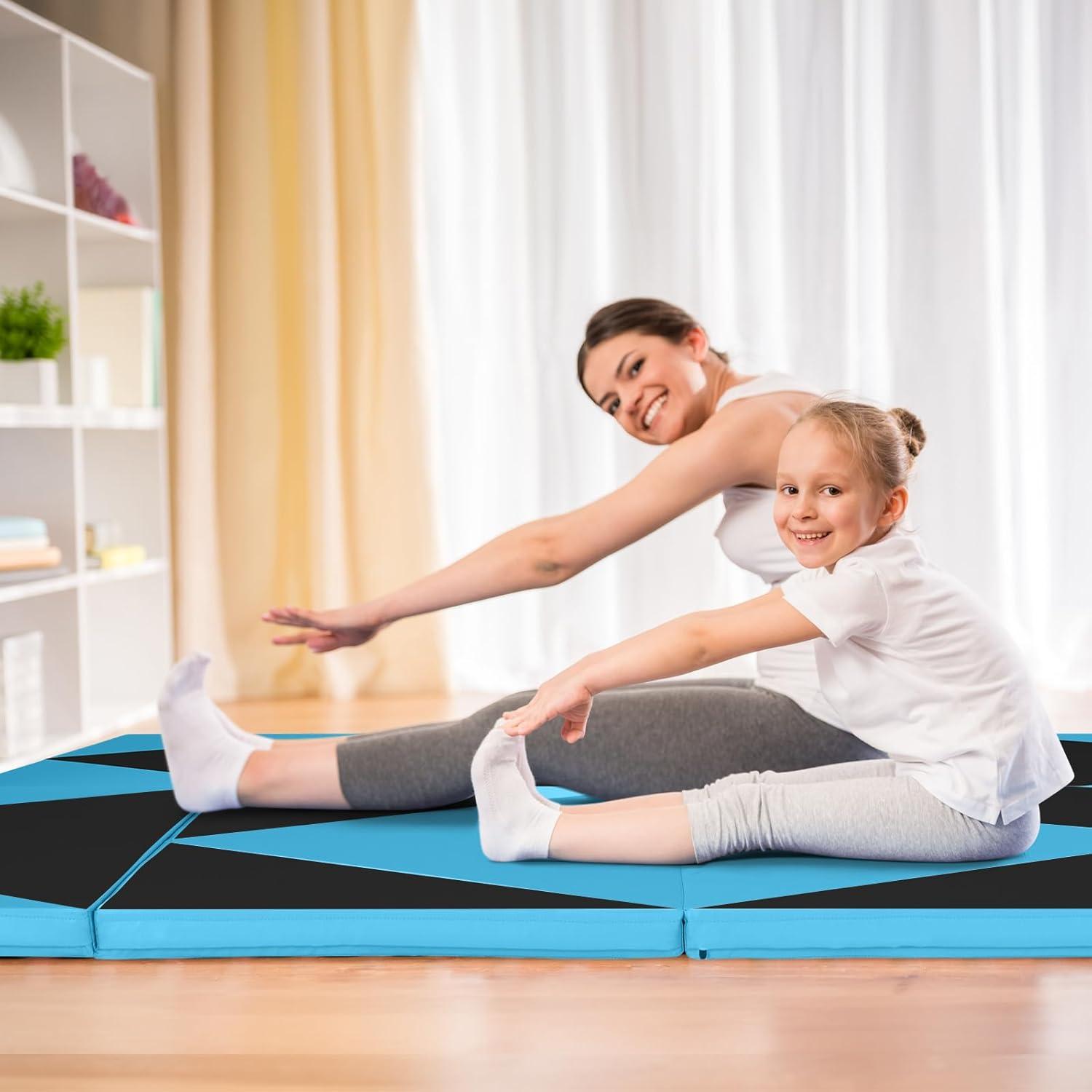image:imageGiantex 4x10x 2 Gymnastics Mat 4Panel Folding Aerobics Exercise Mat wHook amp Loop Fastener Carrying Handle Portable Tumbling Mat for Stretching Yoga Cheerleading Martial ArtsBlackBlue