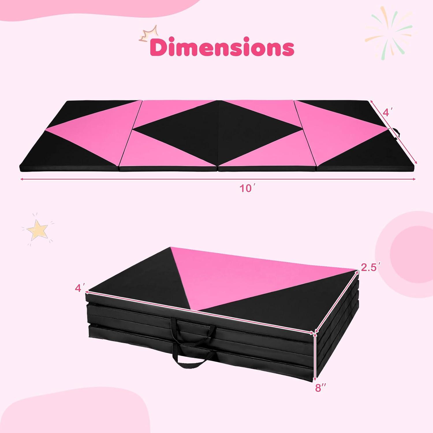 image:imageGiantex 4x10x 2 Gymnastics Mat 4Panel Folding Aerobics Exercise Mat wHook amp Loop Fastener Carrying Handle Portable Tumbling Mat for Stretching Yoga Cheerleading Martial ArtsBlackRose