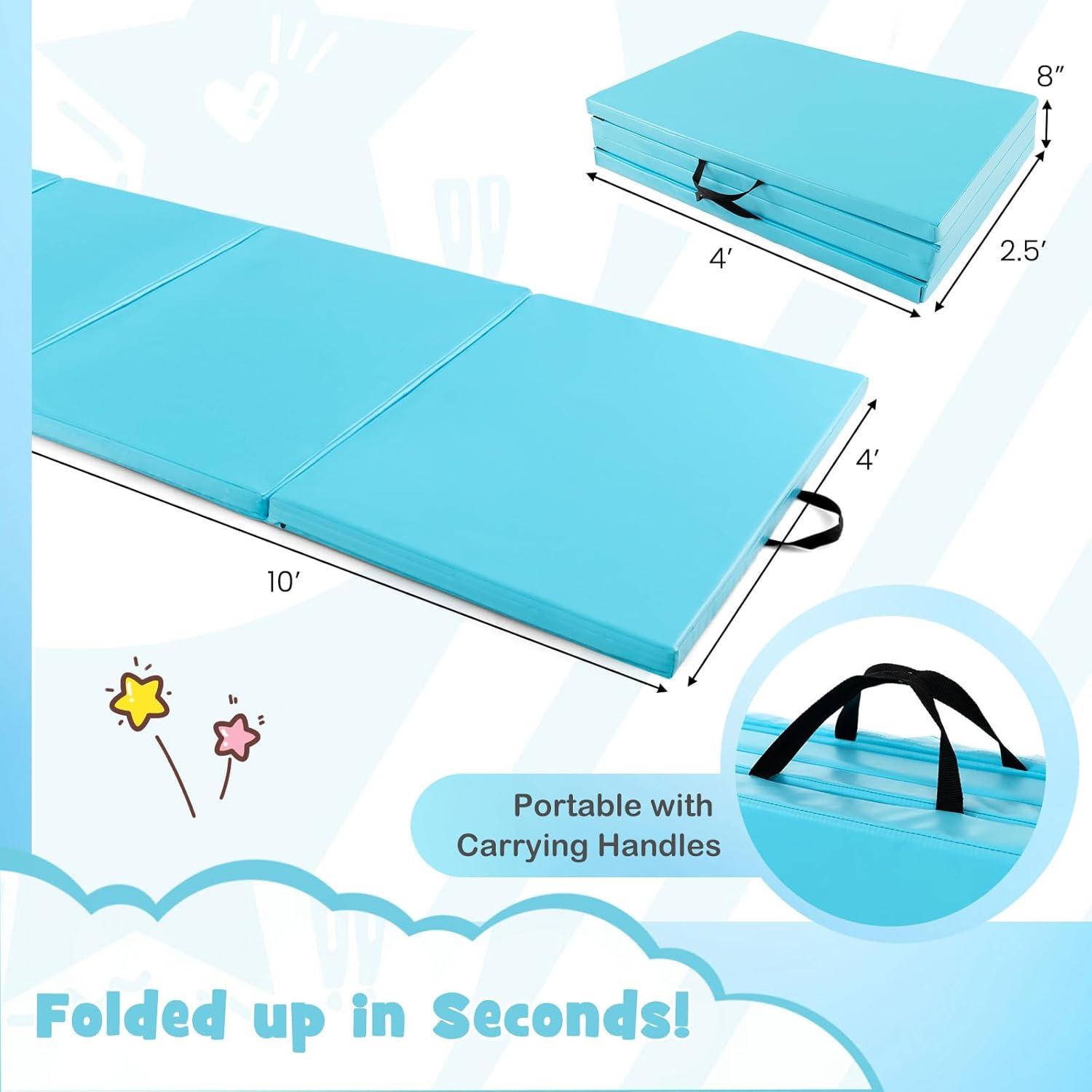 image:imageGiantex 4x10x 2 Gymnastics Mat 4Panel Folding Aerobics Exercise Mat wHook amp Loop Fastener Carrying Handle Portable Tumbling Mat for Stretching Yoga Cheerleading Martial ArtsLight Blue