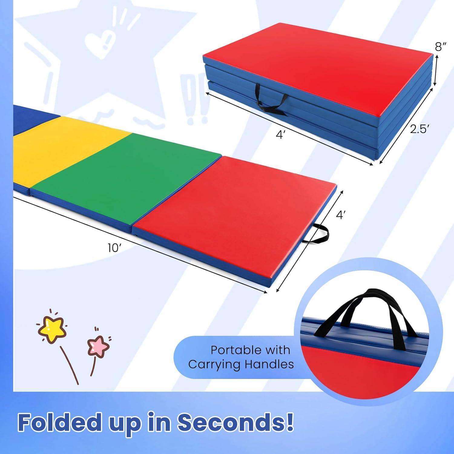 image:imageGiantex 4x10x 2 Gymnastics Mat 4Panel Folding Aerobics Exercise Mat wHook amp Loop Fastener Carrying Handle Portable Tumbling Mat for Stretching Yoga Cheerleading Martial ArtsRainbow