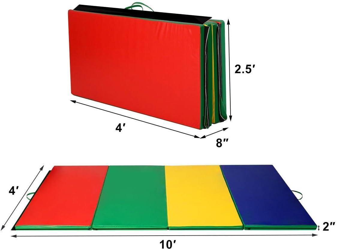 image:imageGiantex 4x10x 2 Gymnastics Mat 4Panel Folding Aerobics Exercise Mat wHook amp Loop Fastener Carrying Handle Portable Tumbling Mat for Stretching Yoga Cheerleading Martial ArtsMulticolor