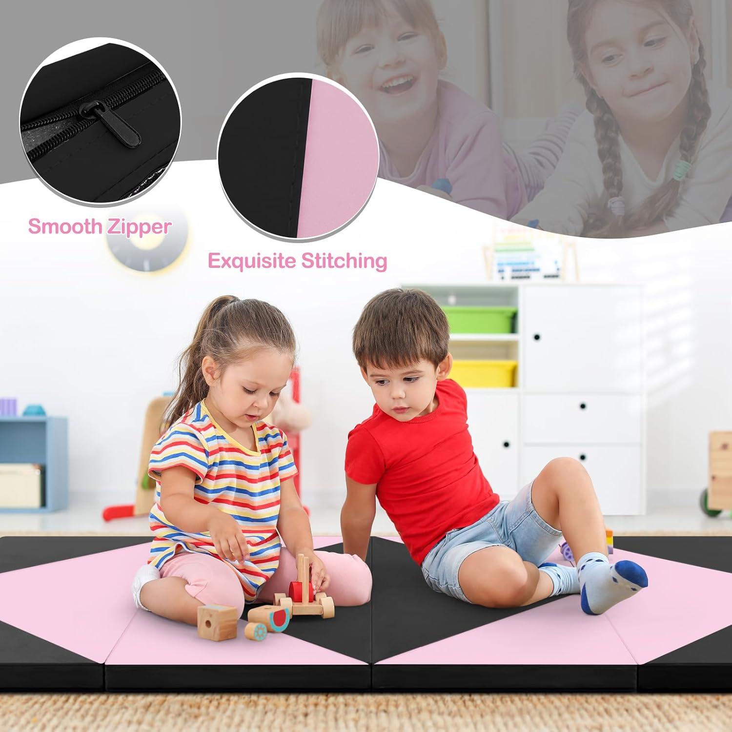 image:imageGiantex 4x8 Gymnastics Mat 2 Thick Folding Tumbling Mat with Carrying Handles Foldable Gym Mat with Hook and Loop Fastener Cheer Mats for Kids Adults Home Exercise Aerobics FitnessLight PinkBlack