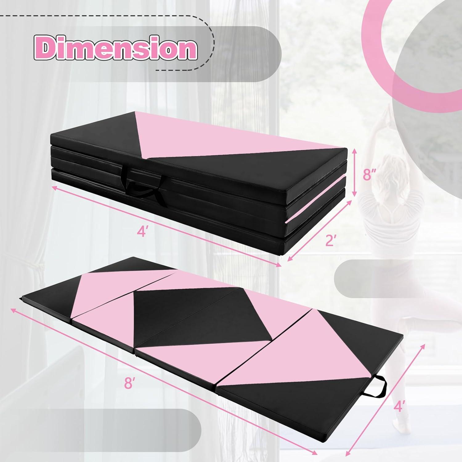 image:imageGiantex 4x8 Gymnastics Mat 2 Thick Folding Tumbling Mat with Carrying Handles Foldable Gym Mat with Hook and Loop Fastener Cheer Mats for Kids Adults Home Exercise Aerobics FitnessLight PinkBlack