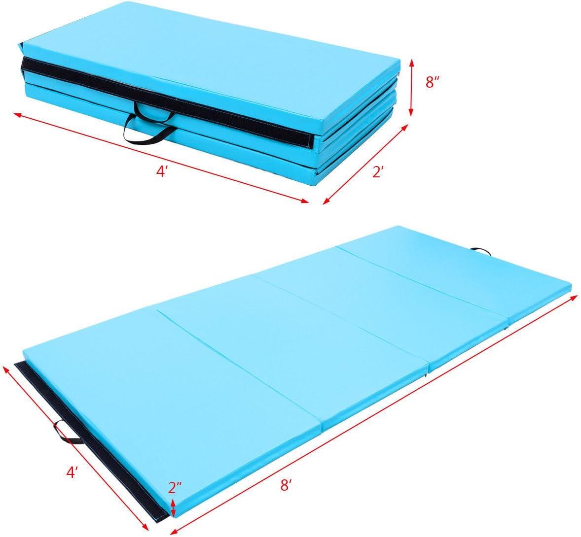 image:imageGiantex 4x8 Gymnastics Mat 2 Thick Folding Tumbling Mat with Carrying Handles Foldable Gym Mat with Hook and Loop Fastener Cheer Mats for Kids Adults Home Exercise Aerobics FitnessLight Blue