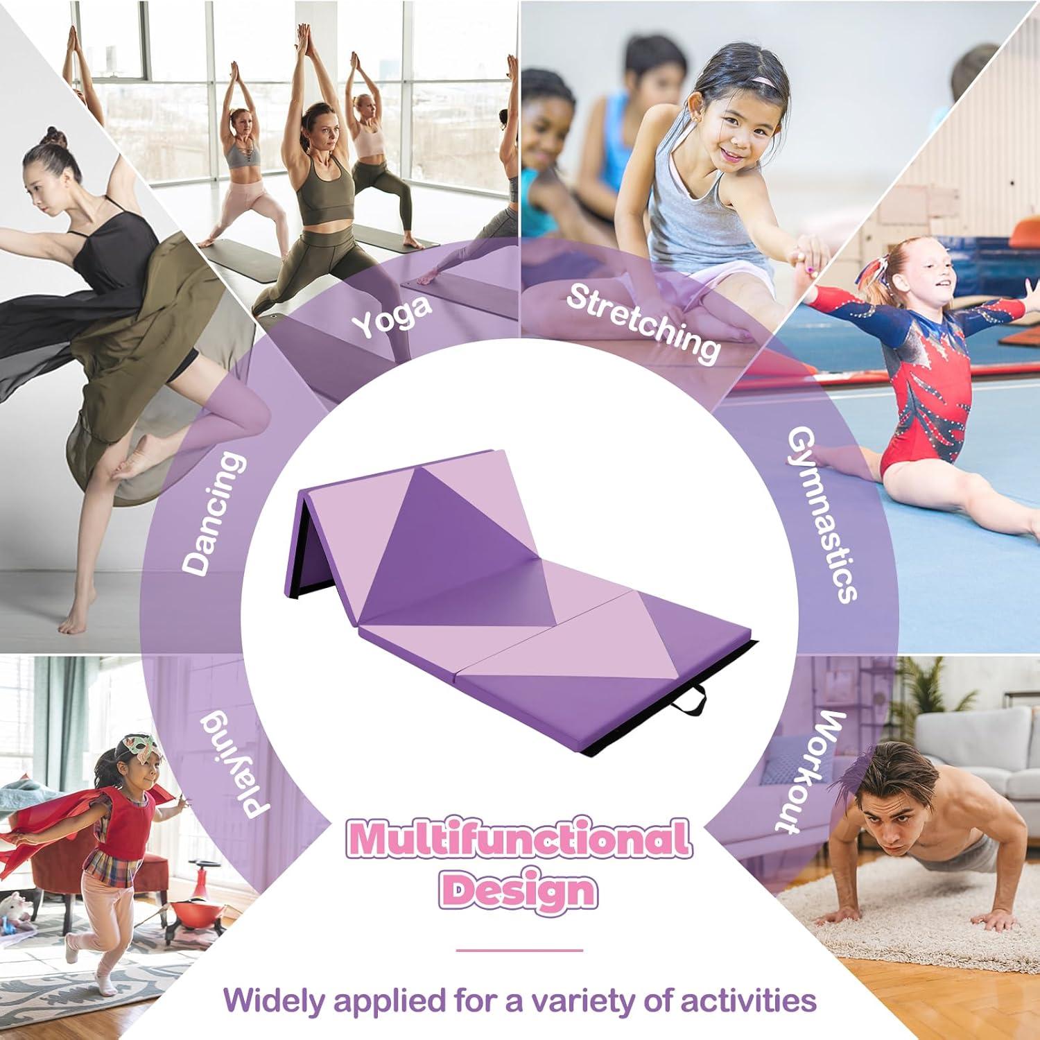 image:imageGiantex 4x8 Gymnastics Mat 2 Thick Folding Tumbling Mat with Carrying Handles Foldable Gym Mat with Hook and Loop Fastener Cheer Mats for Kids Adults Home Exercise Aerobics FitnessLight PinkPurple