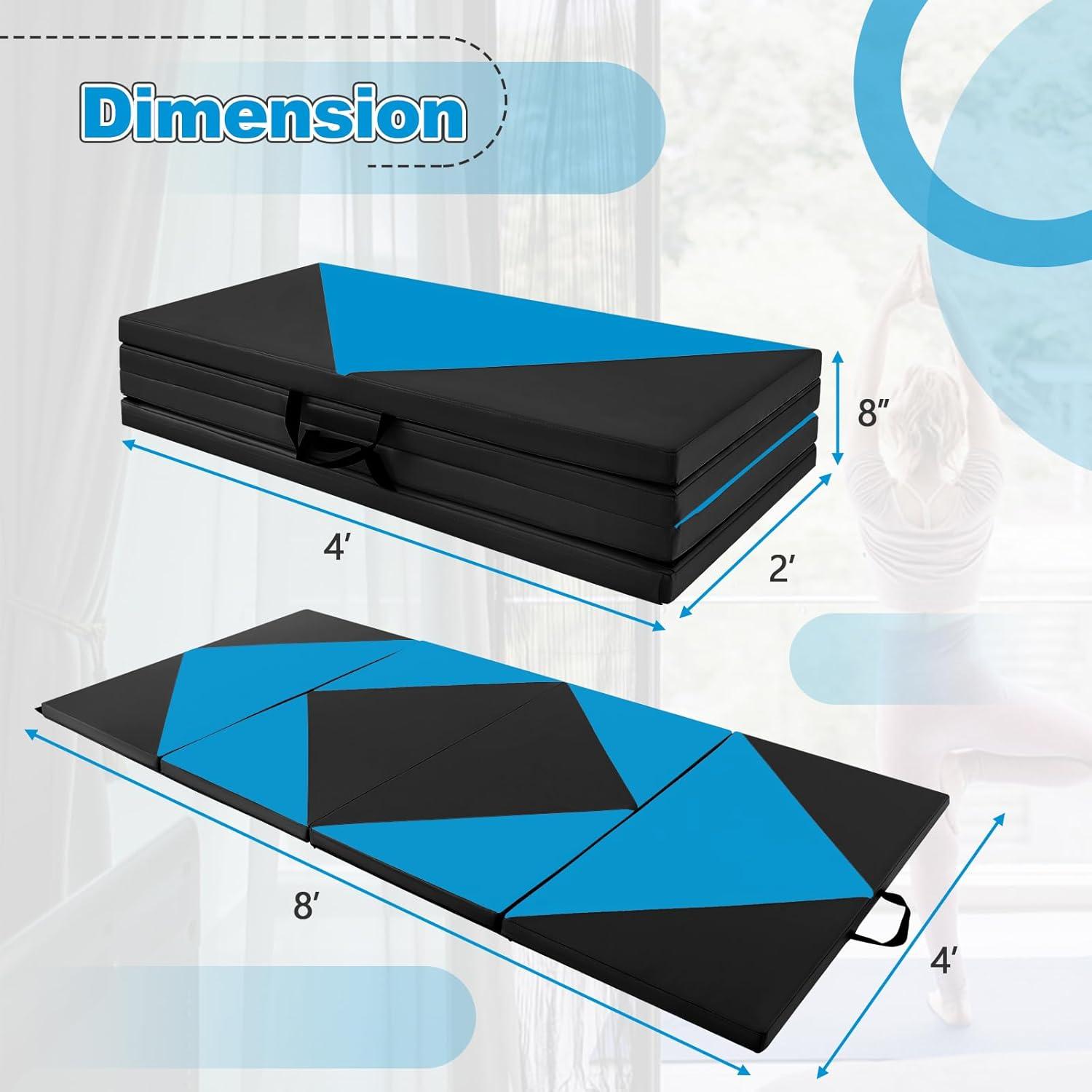 image:imageGiantex 4x8 Gymnastics Mat 2 Thick Folding Tumbling Mat with Carrying Handles Foldable Gym Mat with Hook and Loop Fastener Cheer Mats for Kids Adults Home Exercise Aerobics FitnessBlueBlack