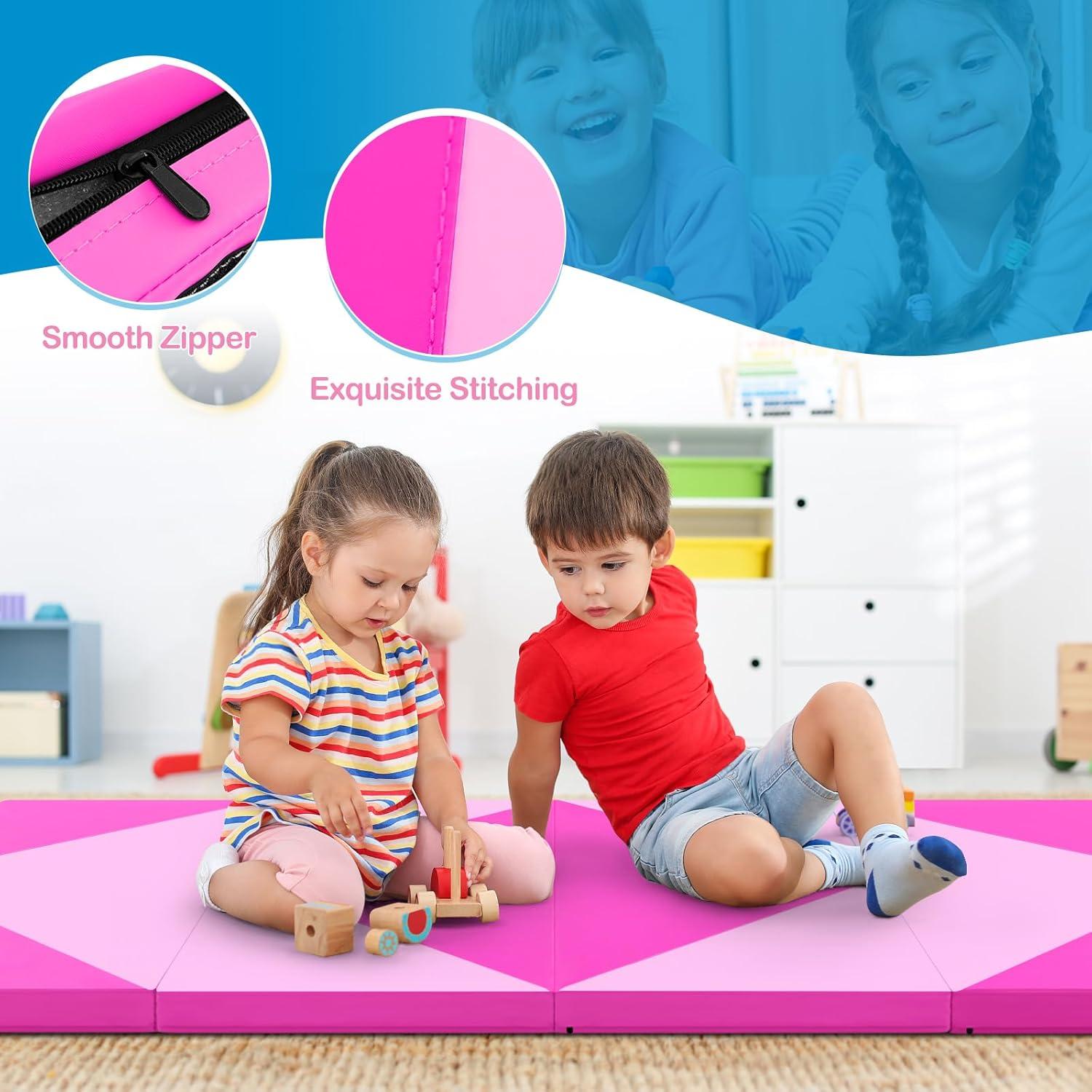 image:imageGiantex 4x8 Gymnastics Mat 2 Thick Folding Tumbling Mat with Carrying Handles Foldable Gym Mat with Hook and Loop Fastener Cheer Mats for Kids Adults Home Exercise Aerobics FitnessPinkPurple