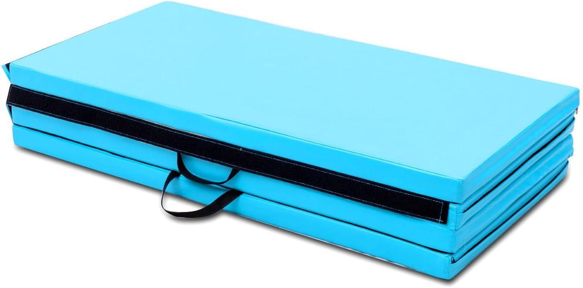 image:imageGiantex 4x8 Gymnastics Mat 2 Thick Folding Tumbling Mat with Carrying Handles Foldable Gym Mat with Hook and Loop Fastener Cheer Mats for Kids Adults Home Exercise Aerobics FitnessLight Blue