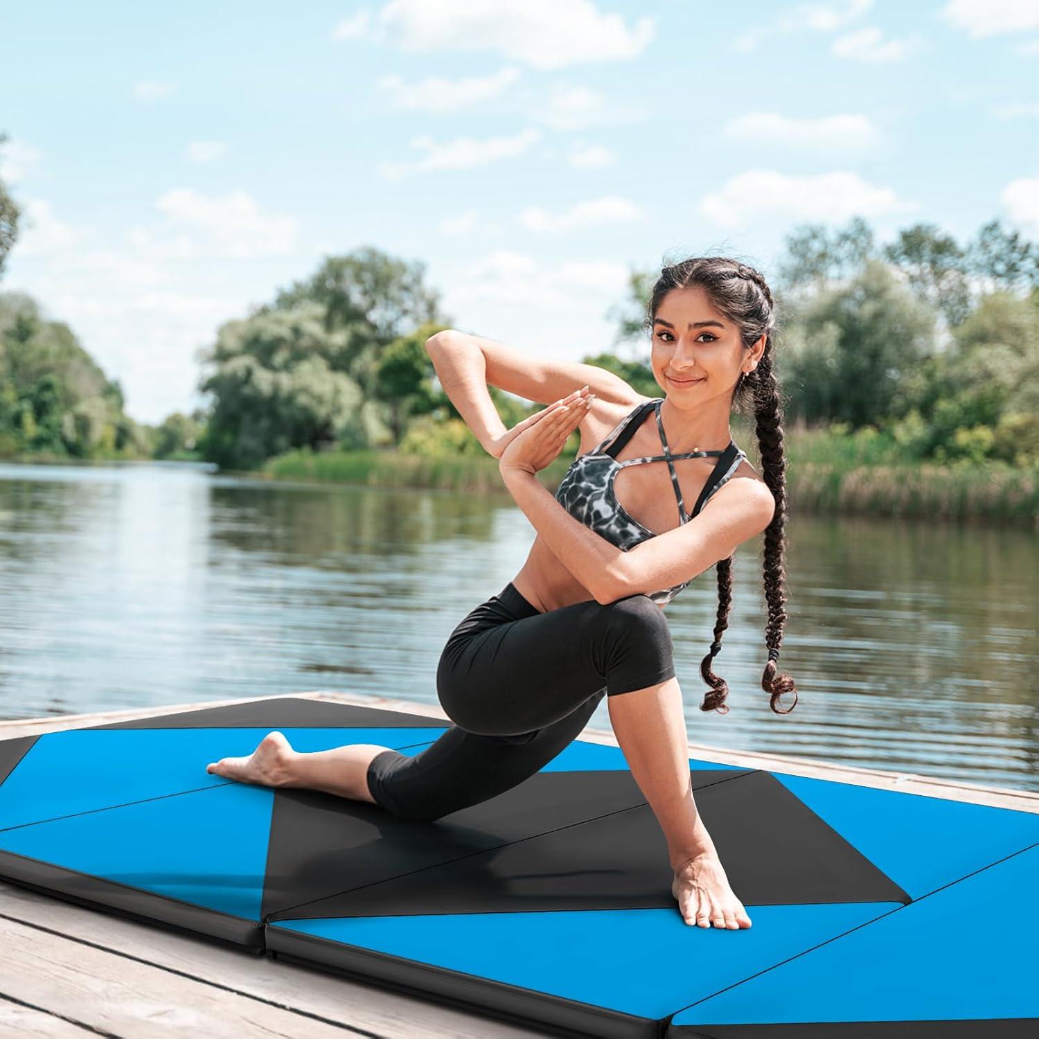 image:imageGiantex 4x8 Gymnastics Mat 2 Thick Folding Tumbling Mat with Carrying Handles Foldable Gym Mat with Hook and Loop Fastener Cheer Mats for Kids Adults Home Exercise Aerobics FitnessBlueBlack
