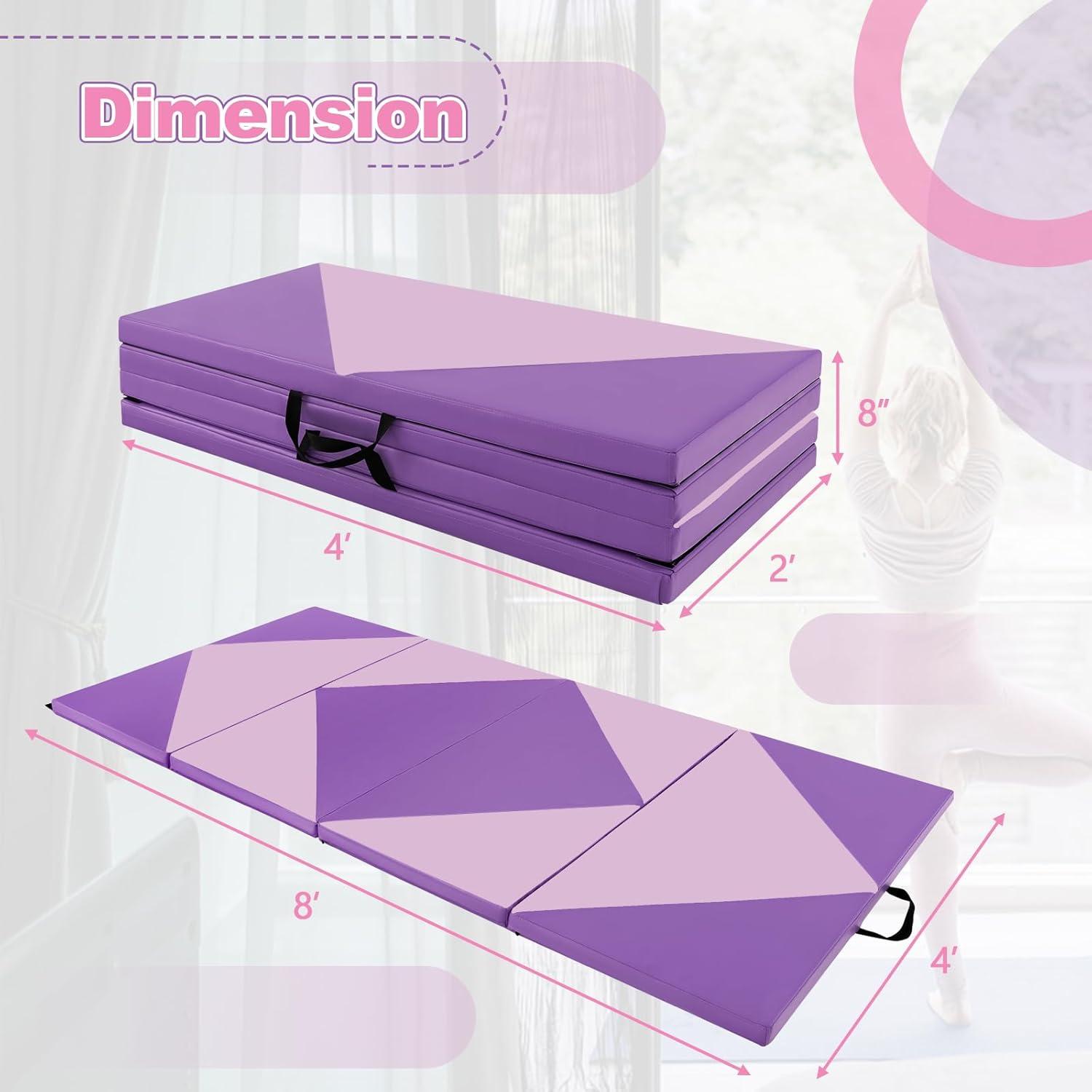 image:imageGiantex 4x8 Gymnastics Mat 2 Thick Folding Tumbling Mat with Carrying Handles Foldable Gym Mat with Hook and Loop Fastener Cheer Mats for Kids Adults Home Exercise Aerobics FitnessLight PinkPurple