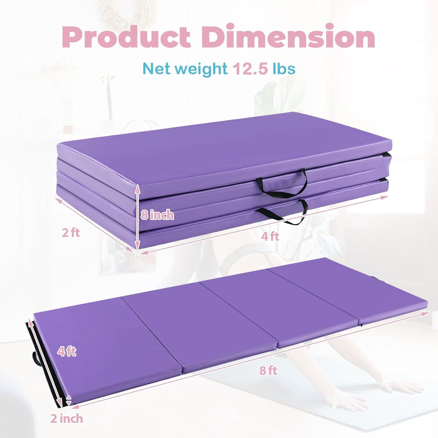 image:imageGiantex 4x8 Gymnastics Mat 2 Thick Folding Tumbling Mat with Carrying Handles Foldable Gym Mat with Hook and Loop Fastener Cheer Mats for Kids Adults Home Exercise Aerobics FitnessViolet