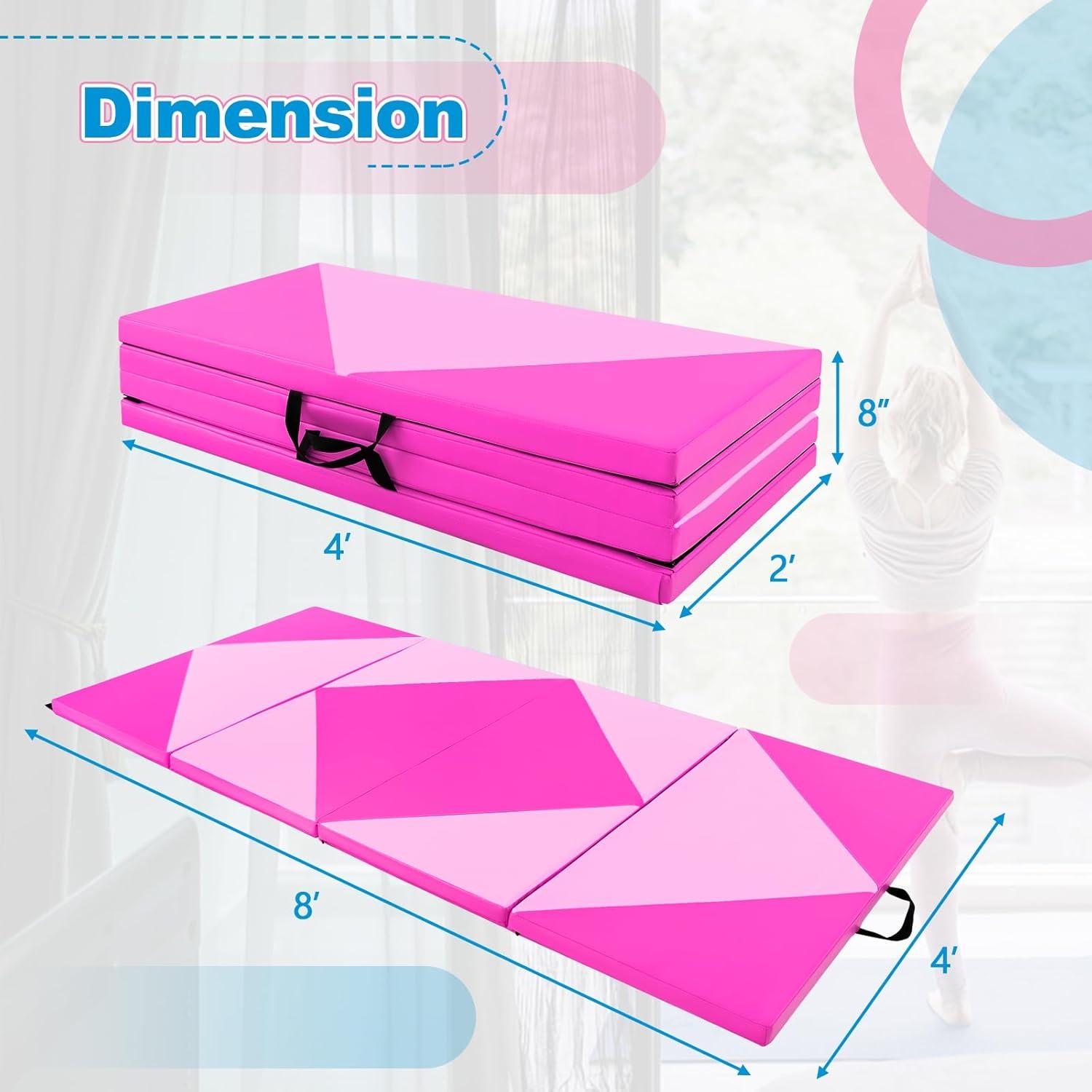 image:imageGiantex 4x8 Gymnastics Mat 2 Thick Folding Tumbling Mat with Carrying Handles Foldable Gym Mat with Hook and Loop Fastener Cheer Mats for Kids Adults Home Exercise Aerobics FitnessPinkPurple