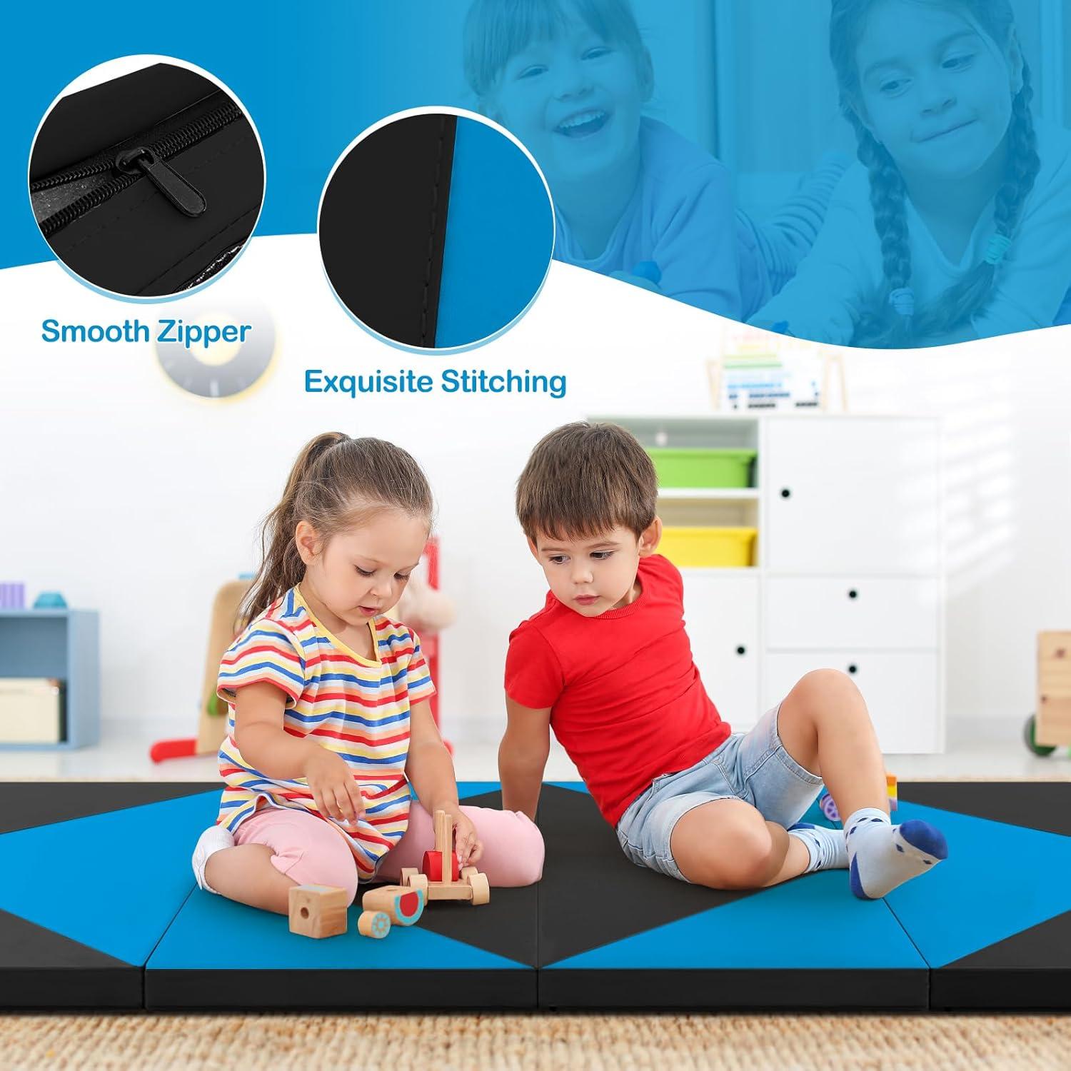 image:imageGiantex 4x8 Gymnastics Mat 2 Thick Folding Tumbling Mat with Carrying Handles Foldable Gym Mat with Hook and Loop Fastener Cheer Mats for Kids Adults Home Exercise Aerobics FitnessBlueBlack