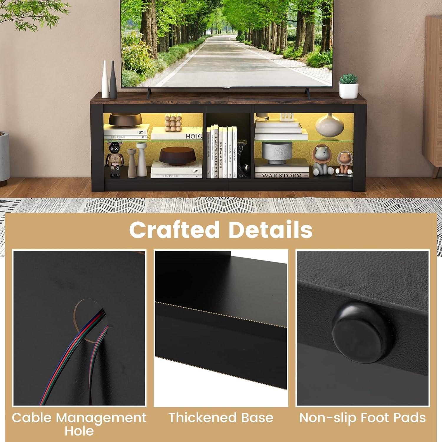 image:imageGiantex 55 LED Light TV Stand Media Console for TVs up to 65 inches Entertainment Center with 22 Dynamic Light Mode Adjustable Tempered Glass Shelves Storage Cubes Remote Control TV Console