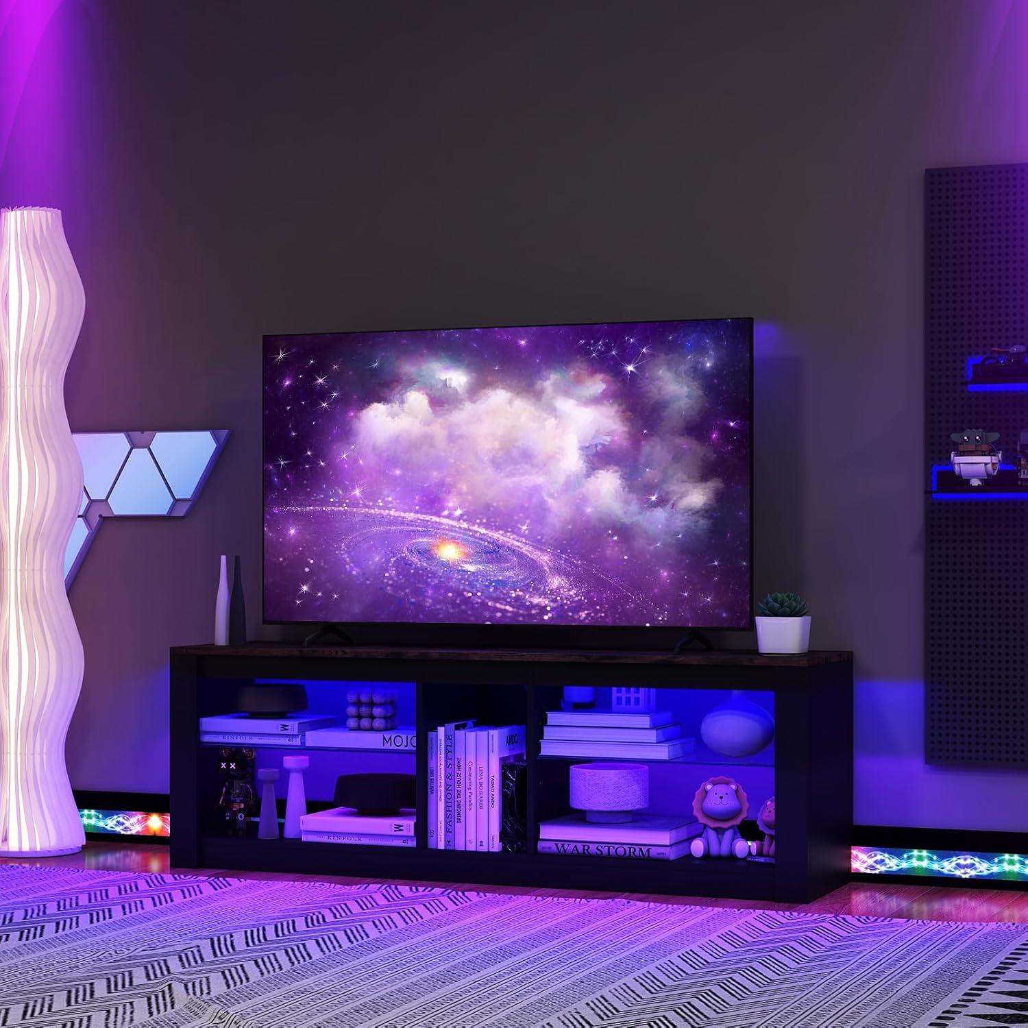 image:imageGiantex 55 LED Light TV Stand Media Console for TVs up to 65 inches Entertainment Center with 22 Dynamic Light Mode Adjustable Tempered Glass Shelves Storage Cubes Remote Control TV Console