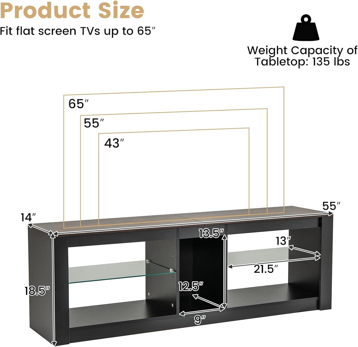 image:imageGiantex 55 LED Light TV Stand Media Console for TVs up to 65 inches Entertainment Center with 22 Dynamic Light Mode Adjustable Tempered Glass Shelves Storage Cubes Remote Control TV Console