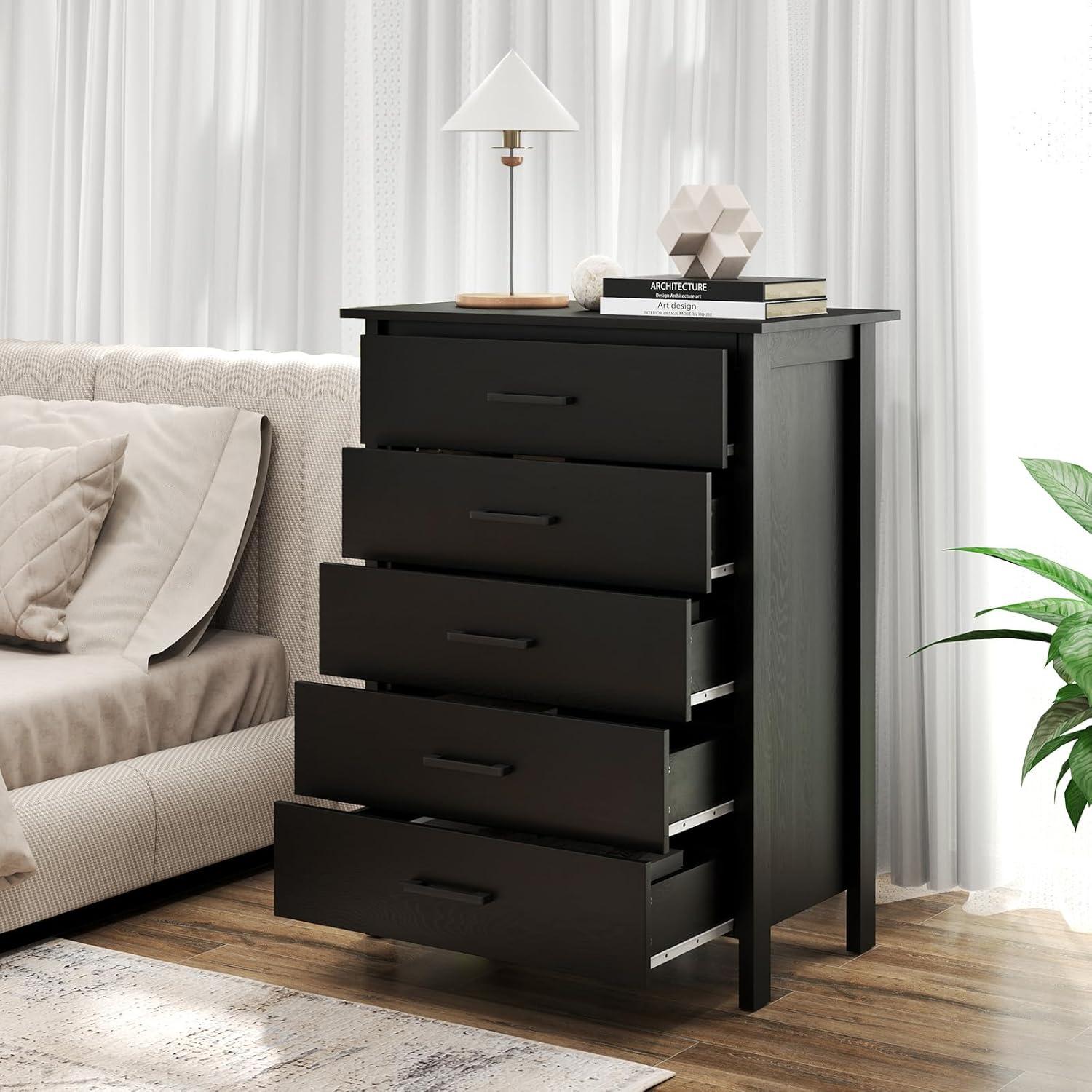 image:imageGiantex 5Drawer Dresser for Bedroom 415 Storage Cabinet with 5 Drawers AntiTip Kit Multipurpose Clothes Organizer Chest of Drawers for Closet Nursery Entryway Storage Floor Cabinet BlackBlack