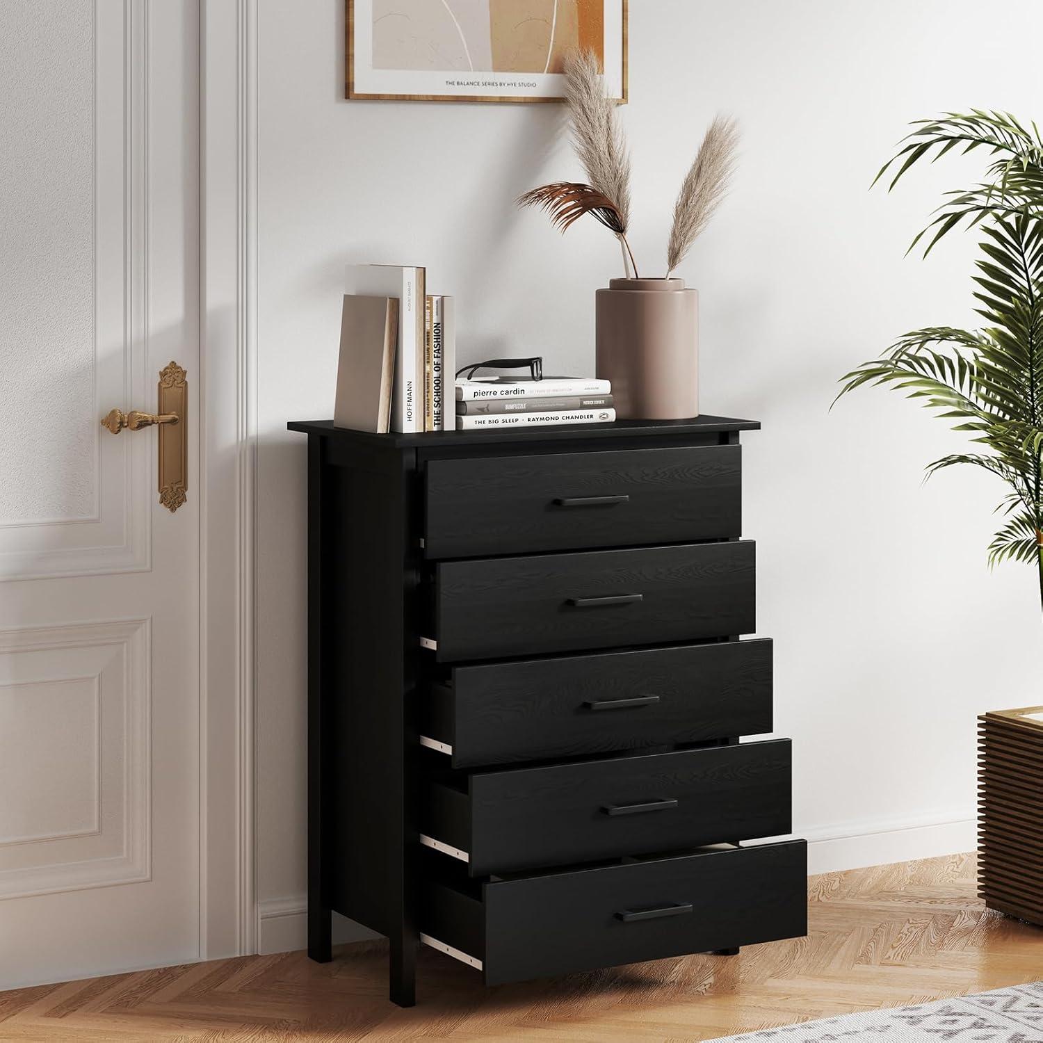 image:imageGiantex 5Drawer Dresser for Bedroom 415 Storage Cabinet with 5 Drawers AntiTip Kit Multipurpose Clothes Organizer Chest of Drawers for Closet Nursery Entryway Storage Floor Cabinet BlackBlack