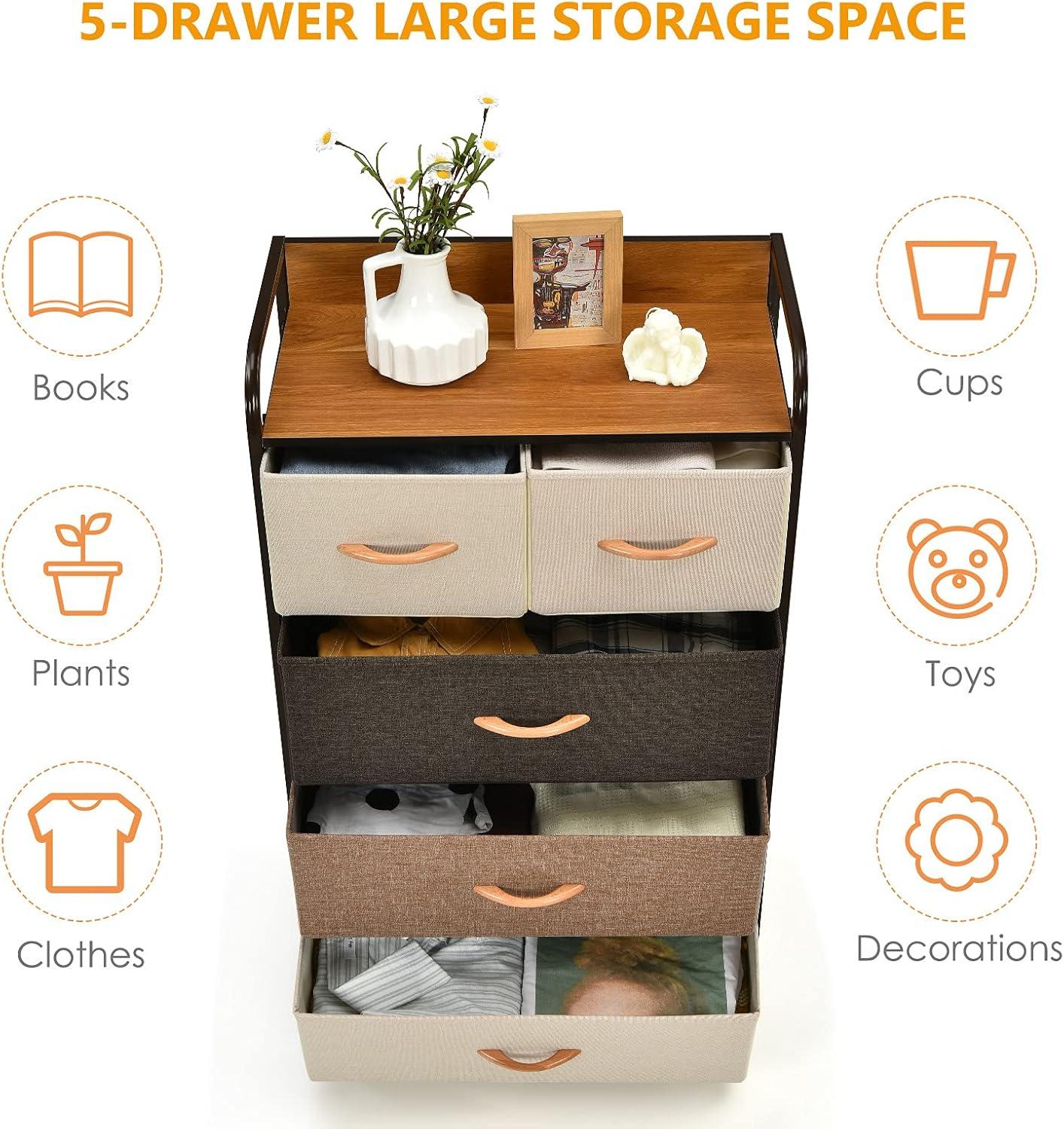 image:imageGiantex 5Drawer Fabric Dresser for Bedroom 39 Tall Storage Tower wFoldable Drawers amp Open Shelves Metal Frame Storage Drawers Unit Chest of Drawers for Entryway Closet Storage Cabinet GrayCream