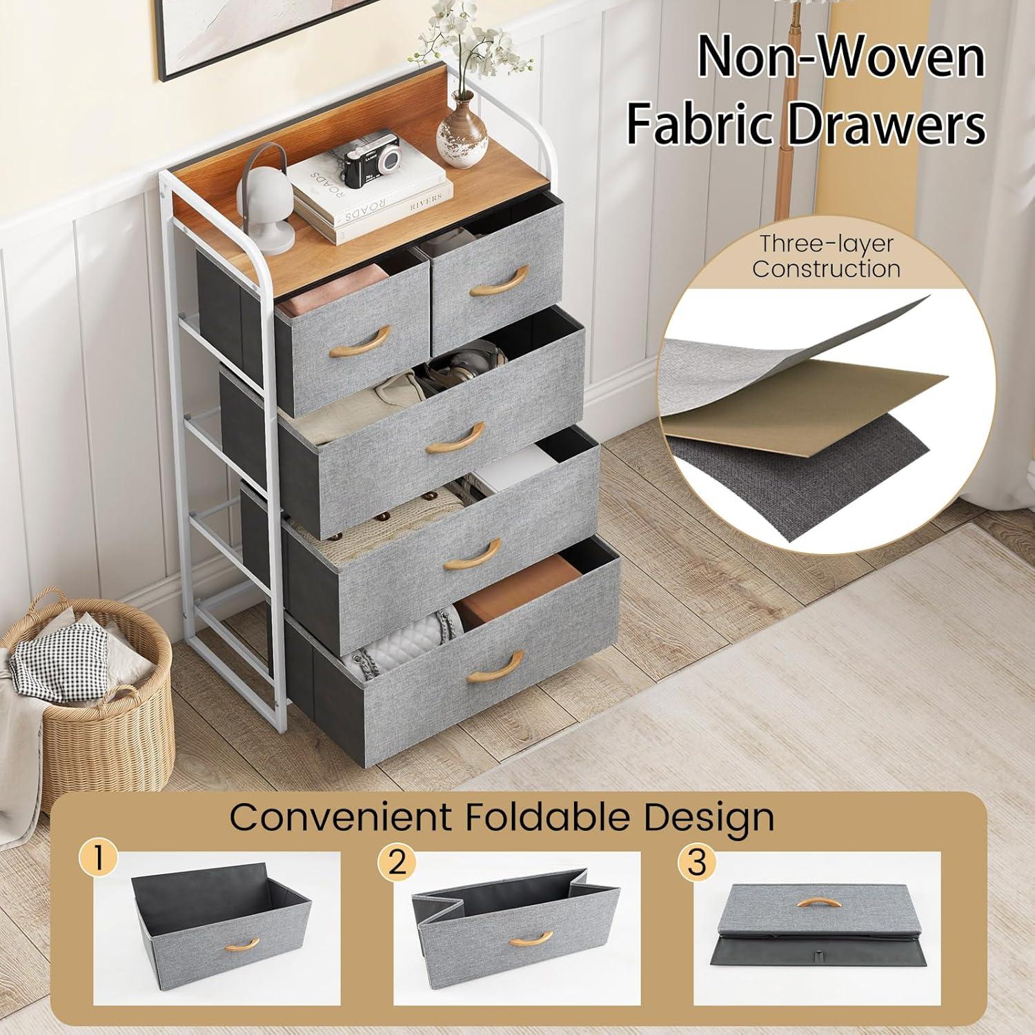 image:imageGiantex 5Drawer Fabric Dresser for Bedroom 39 Tall Storage Tower wFoldable Drawers amp Open Shelves Metal Frame Storage Drawers Unit Chest of Drawers for Entryway Closet Storage Cabinet GrayGrey