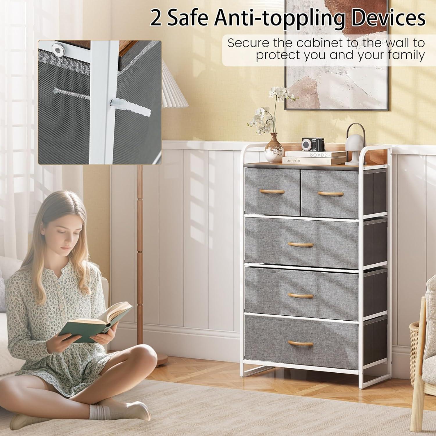 image:imageGiantex 5Drawer Fabric Dresser for Bedroom 39 Tall Storage Tower wFoldable Drawers amp Open Shelves Metal Frame Storage Drawers Unit Chest of Drawers for Entryway Closet Storage Cabinet GrayGrey