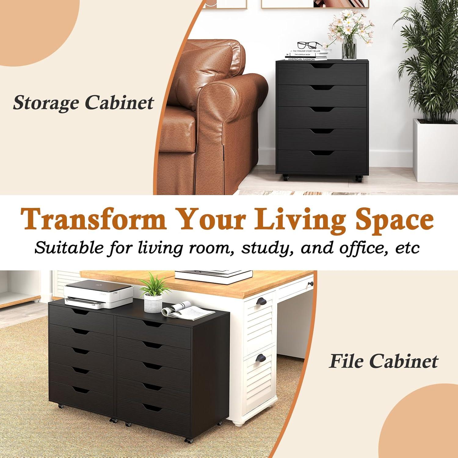 image:imageGiantex 5Drawer Storage Cabinet Mobile Lateral File Cabinet with Drawers Wheels Rolling Chest of Drawers 195 x 16 x 255 for Office Under Desk Living Room StudyBlack