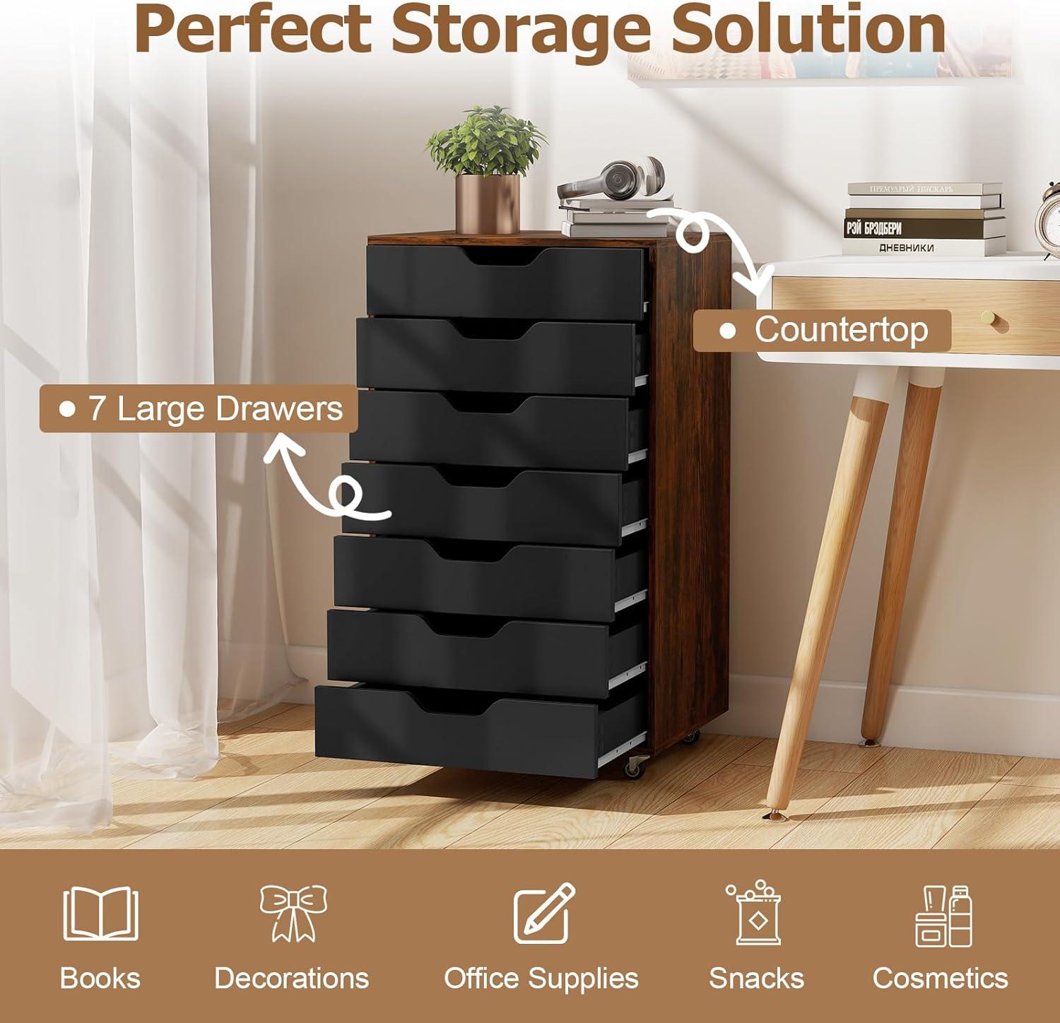 image:imageGiantex 5Drawer Storage Cabinet Mobile Lateral File Cabinet with Drawers Wheels Rolling Chest of Drawers 195 x 16 x 255 for Office Under Desk Living Room StudyRustic Brownblack