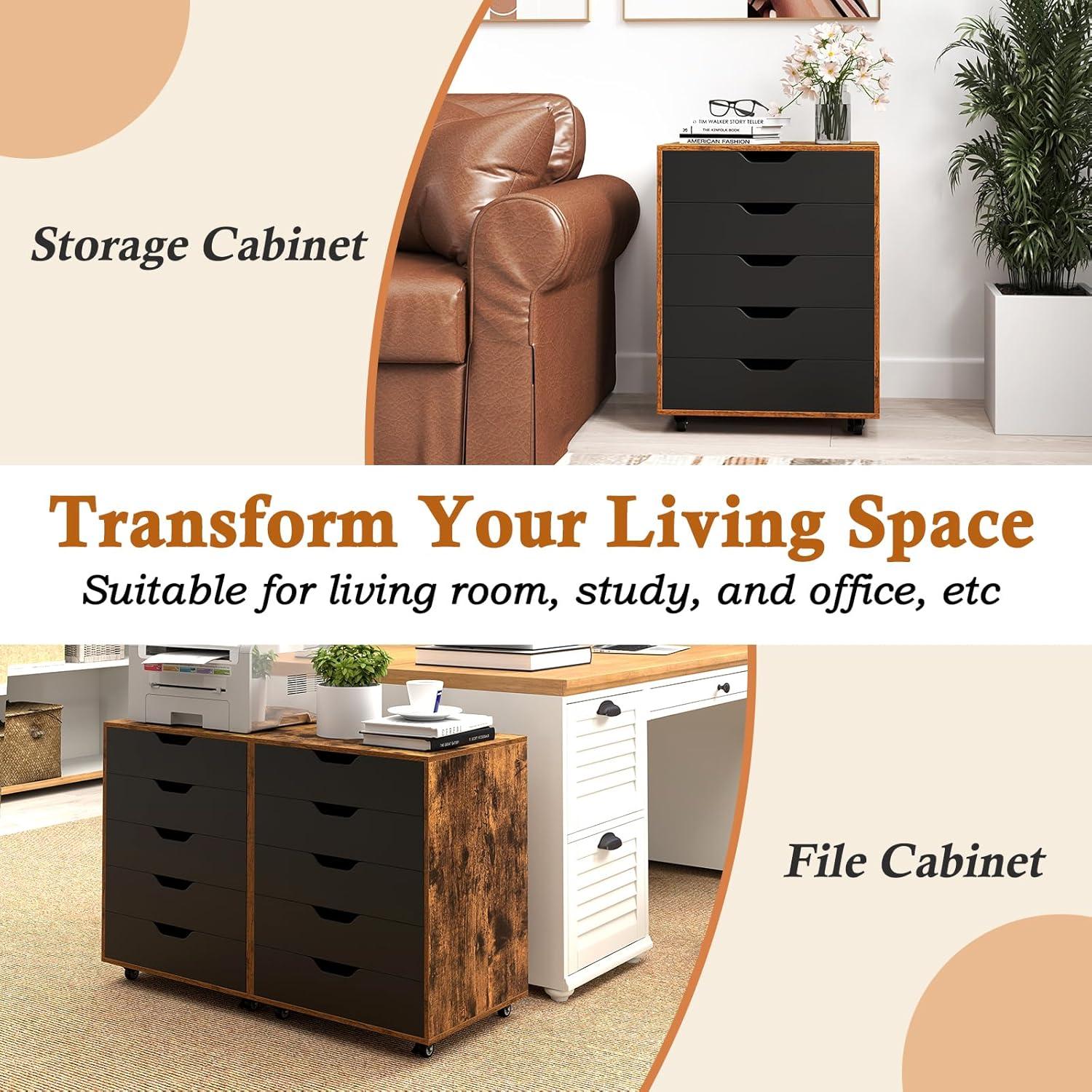 image:imageGiantex 5Drawer Storage Cabinet Mobile Lateral File Cabinet with Drawers Wheels Rolling Chest of Drawers 195 x 16 x 255 for Office Under Desk Living Room StudyRustic Brownblack