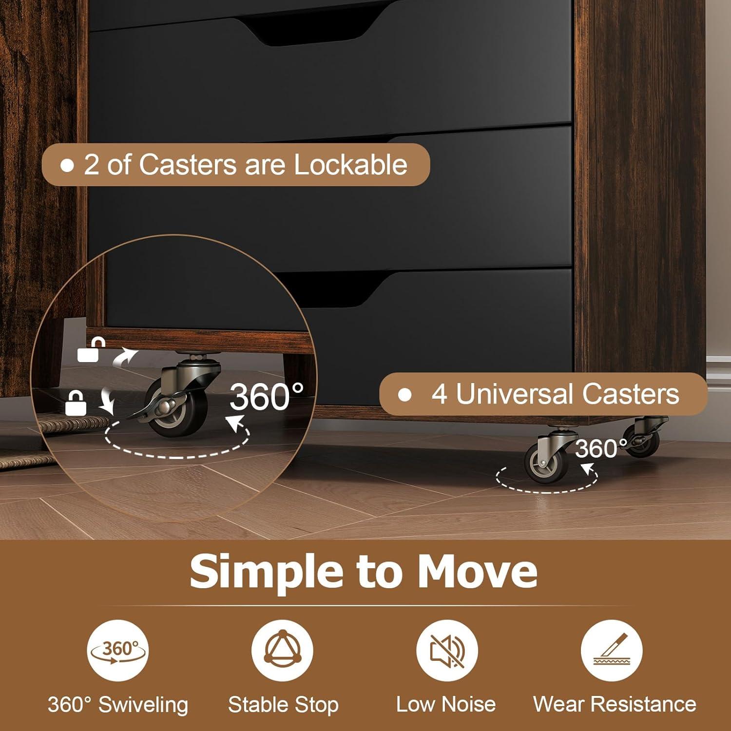 image:imageGiantex 5Drawer Storage Cabinet Mobile Lateral File Cabinet with Drawers Wheels Rolling Chest of Drawers 195 x 16 x 255 for Office Under Desk Living Room StudyRustic Brownblack
