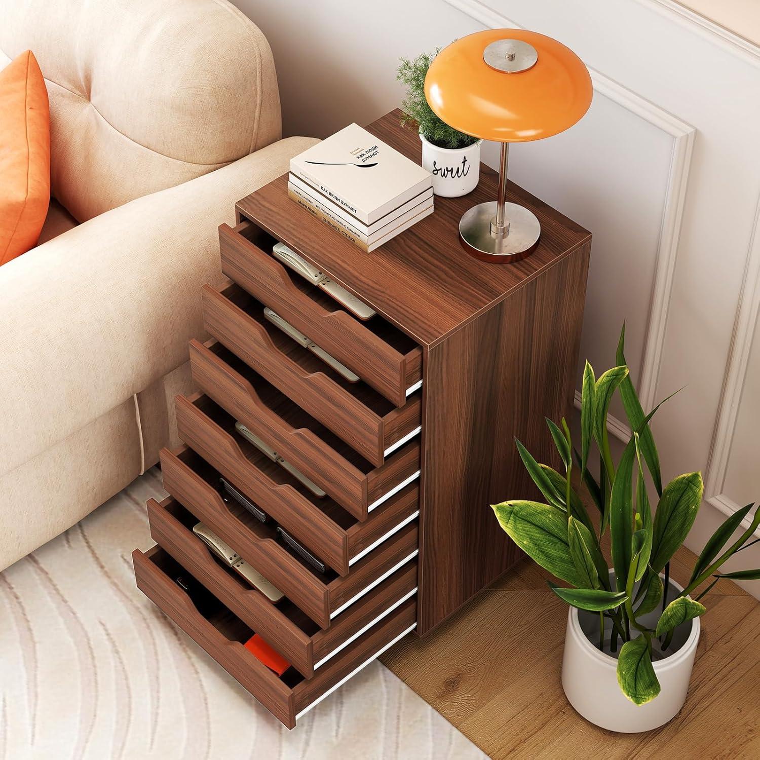 image:imageGiantex 5Drawer Storage Cabinet Mobile Lateral File Cabinet with Drawers Wheels Rolling Chest of Drawers 195 x 16 x 255 for Office Under Desk Living Room StudyWalnut