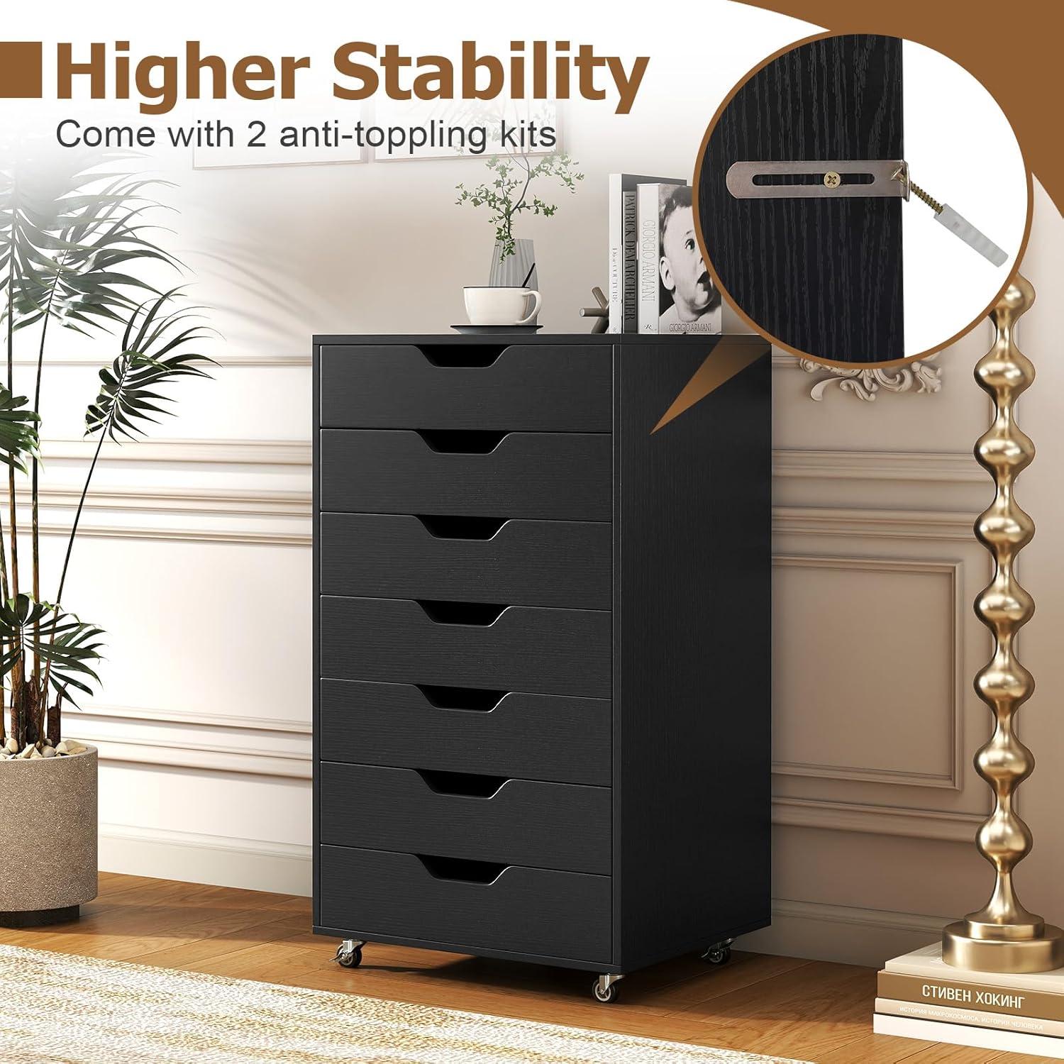 image:imageGiantex 5Drawer Storage Cabinet Mobile Lateral File Cabinet with Drawers Wheels Rolling Chest of Drawers 195 x 16 x 255 for Office Under Desk Living Room StudyBlack