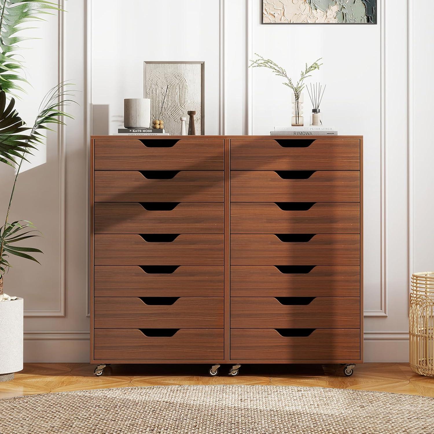 image:imageGiantex 5Drawer Storage Cabinet Mobile Lateral File Cabinet with Drawers Wheels Rolling Chest of Drawers 195 x 16 x 255 for Office Under Desk Living Room StudyWalnut