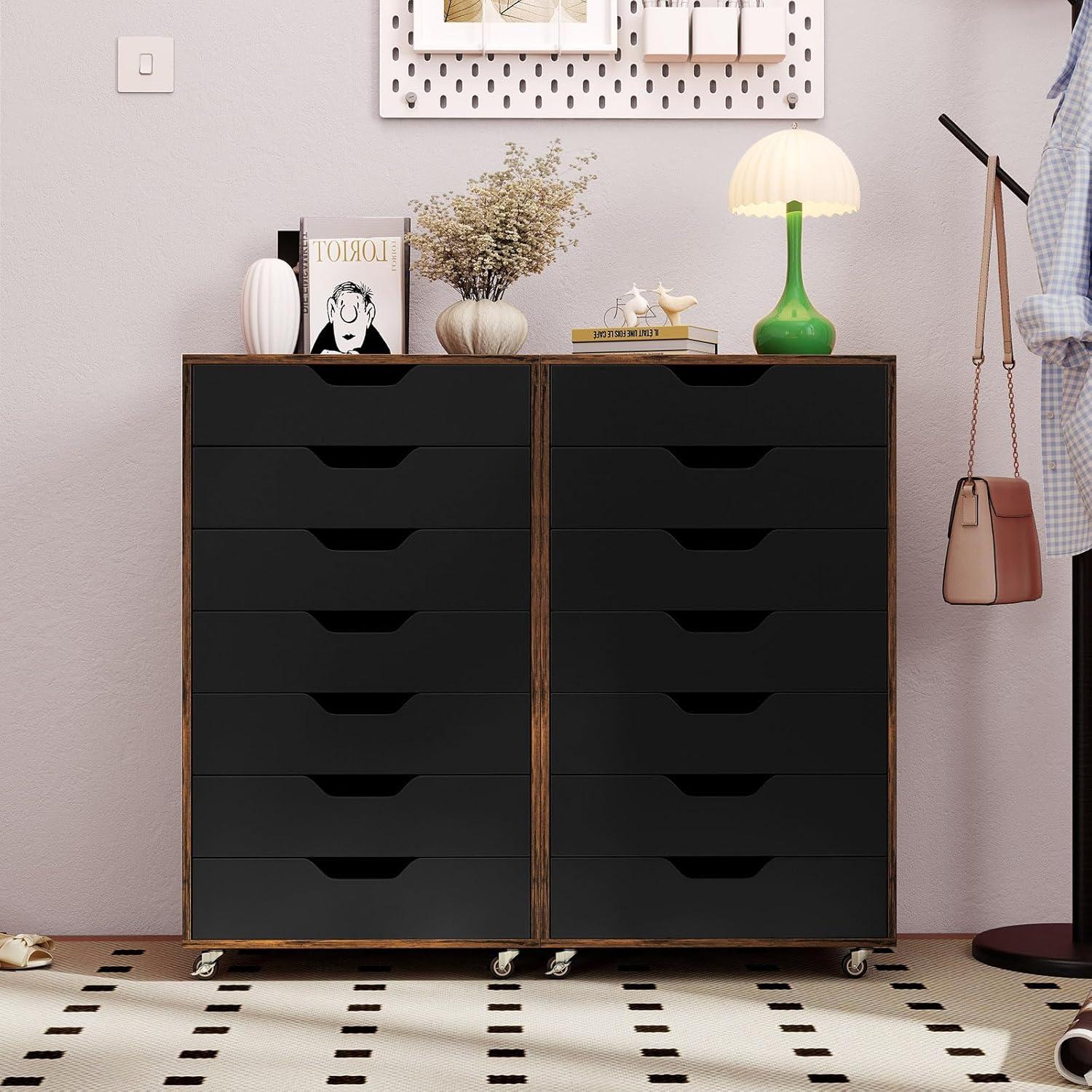image:imageGiantex 5Drawer Storage Cabinet Mobile Lateral File Cabinet with Drawers Wheels Rolling Chest of Drawers 195 x 16 x 255 for Office Under Desk Living Room StudyRustic Brownblack