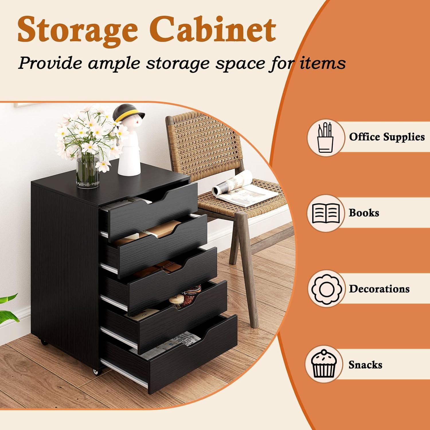 image:imageGiantex 5Drawer Storage Cabinet Mobile Lateral File Cabinet with Drawers Wheels Rolling Chest of Drawers 195 x 16 x 255 for Office Under Desk Living Room StudyBlack