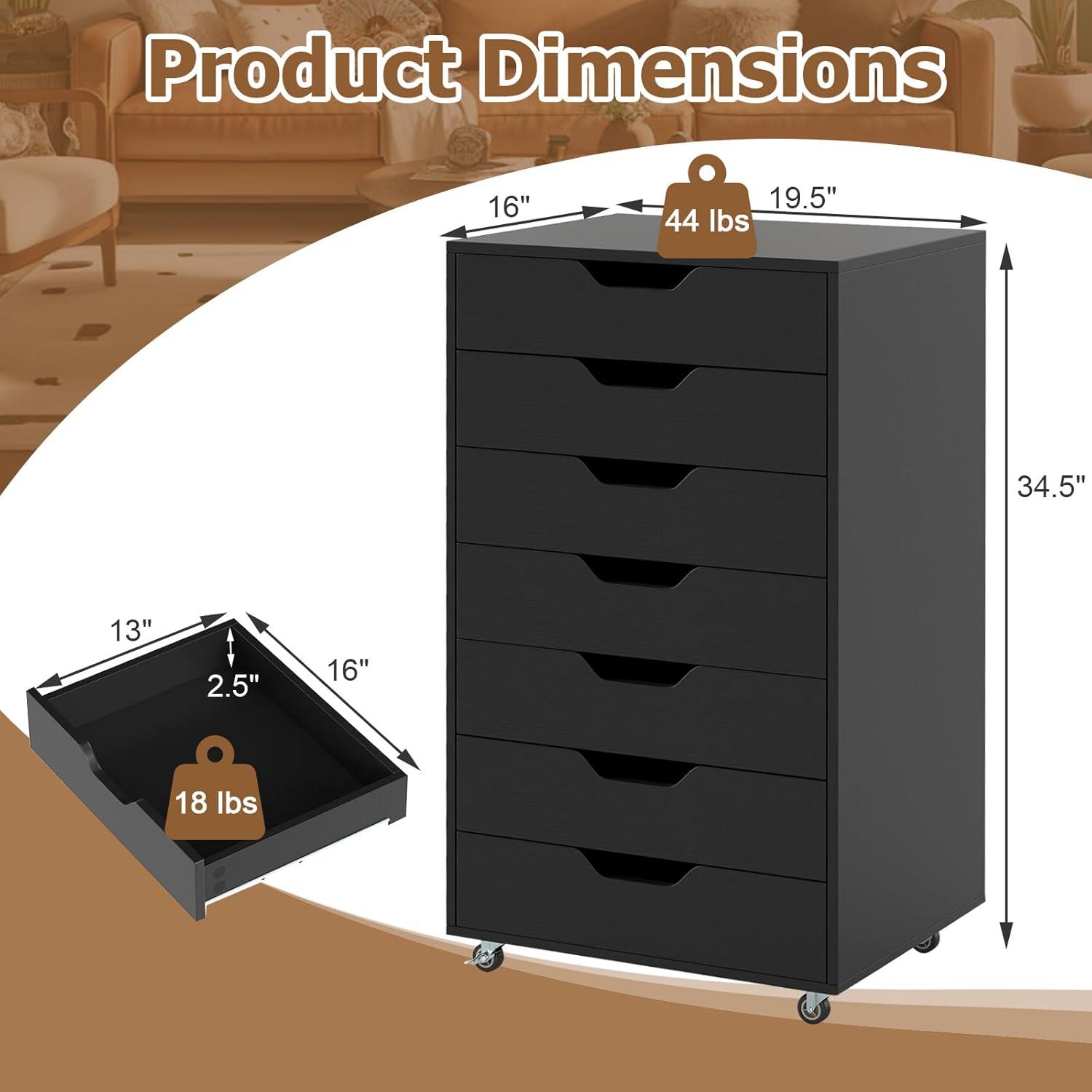 image:imageGiantex 5Drawer Storage Cabinet Mobile Lateral File Cabinet with Drawers Wheels Rolling Chest of Drawers 195 x 16 x 255 for Office Under Desk Living Room StudyBlack