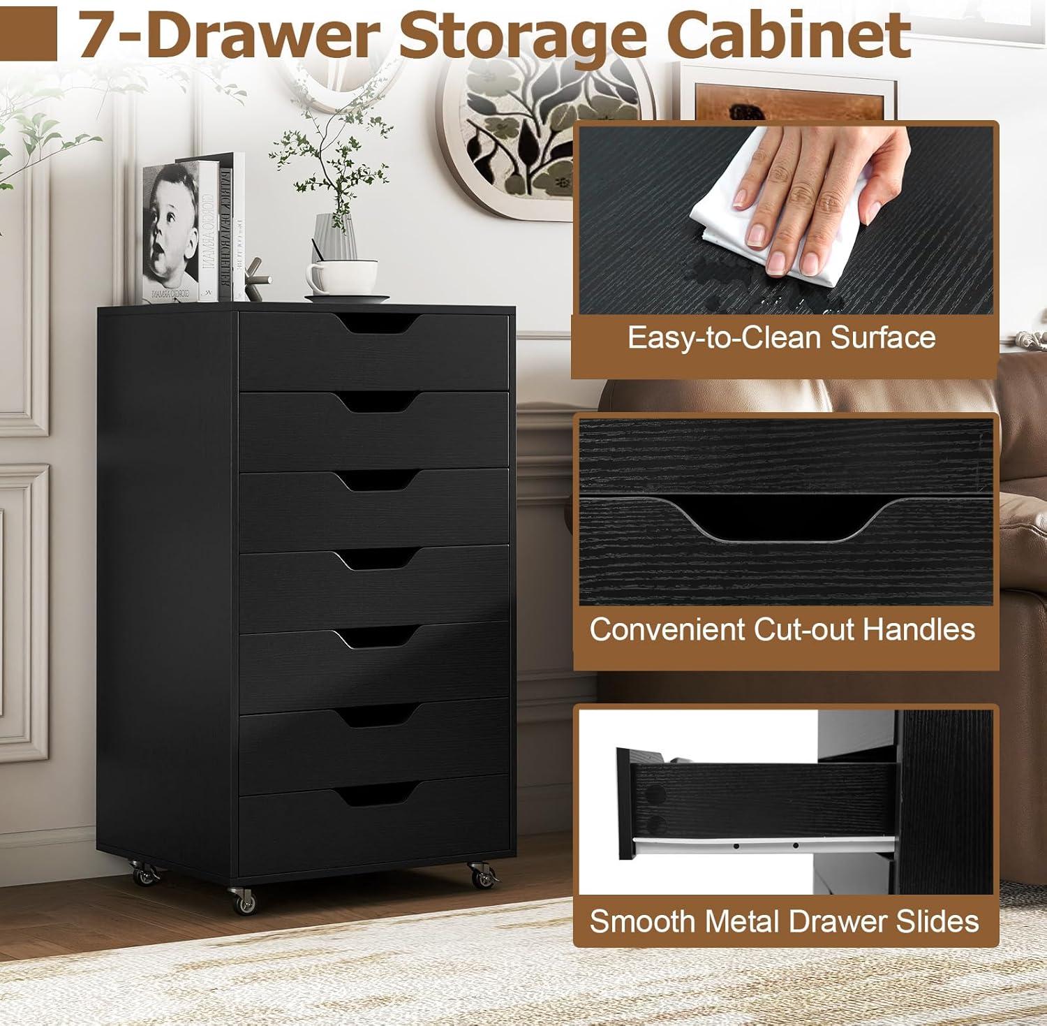 image:imageGiantex 5Drawer Storage Cabinet Mobile Lateral File Cabinet with Drawers Wheels Rolling Chest of Drawers 195 x 16 x 255 for Office Under Desk Living Room StudyBlack