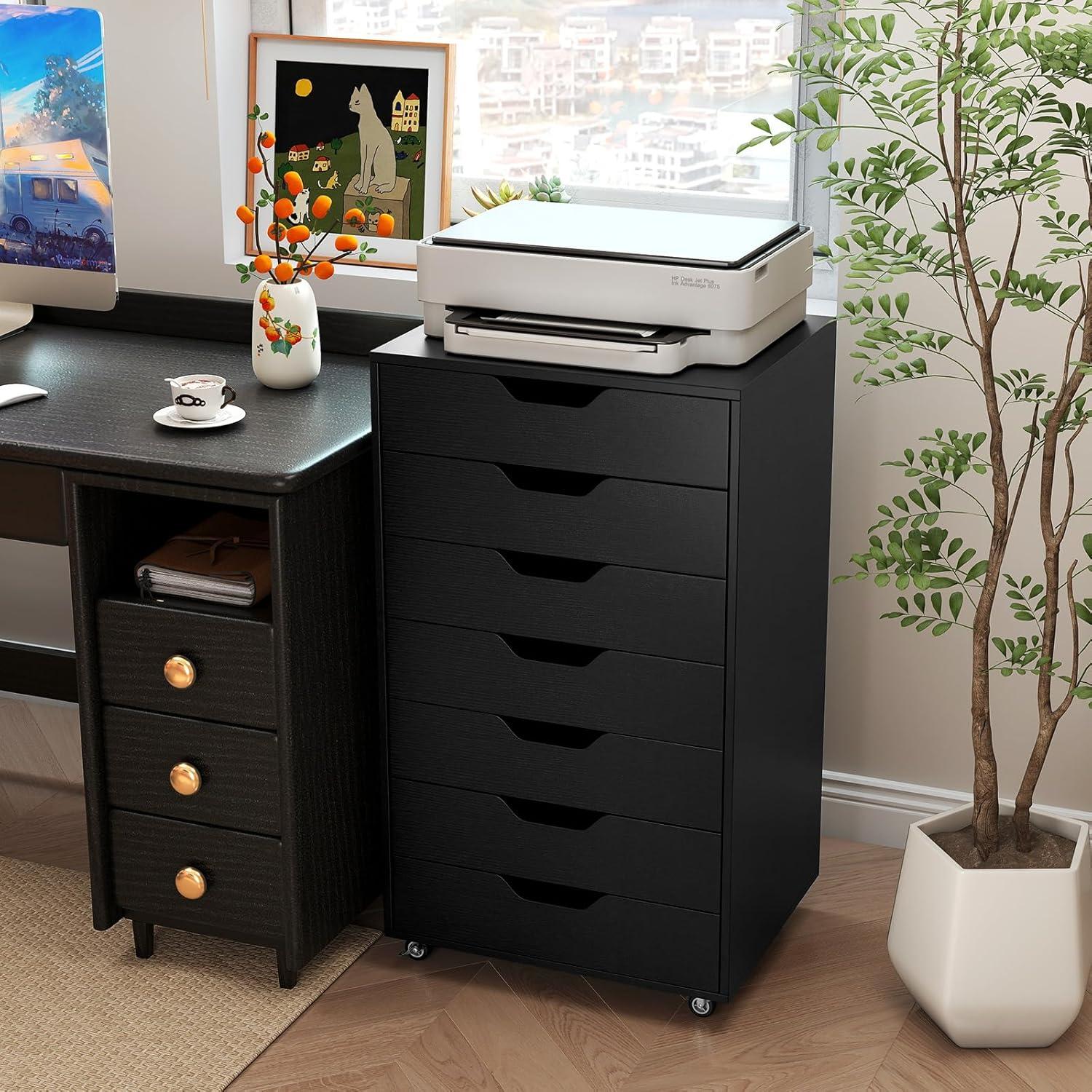 image:imageGiantex 5Drawer Storage Cabinet Mobile Lateral File Cabinet with Drawers Wheels Rolling Chest of Drawers 195 x 16 x 255 for Office Under Desk Living Room StudyBlack