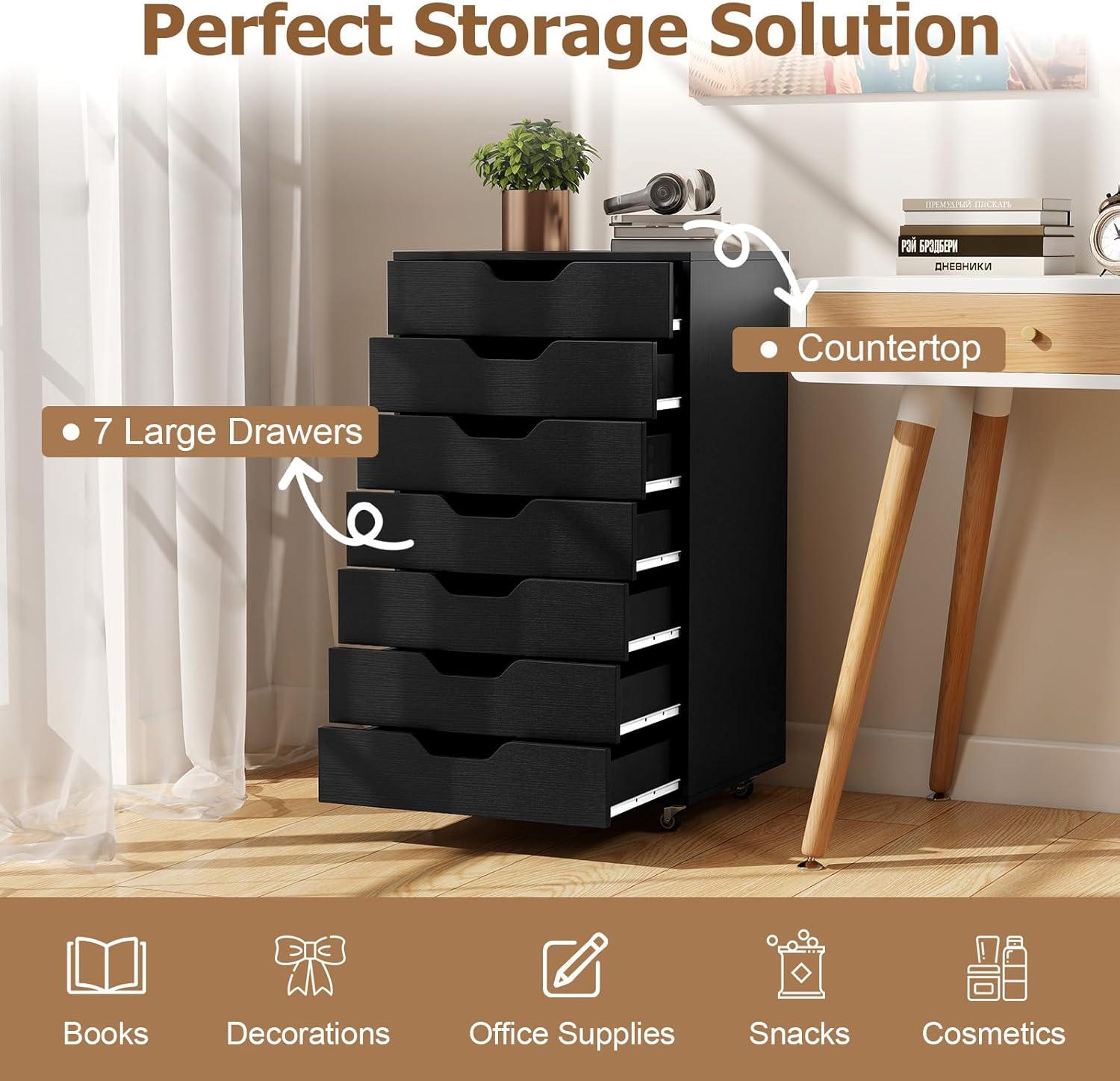 image:imageGiantex 5Drawer Storage Cabinet Mobile Lateral File Cabinet with Drawers Wheels Rolling Chest of Drawers 195 x 16 x 255 for Office Under Desk Living Room StudyBlack
