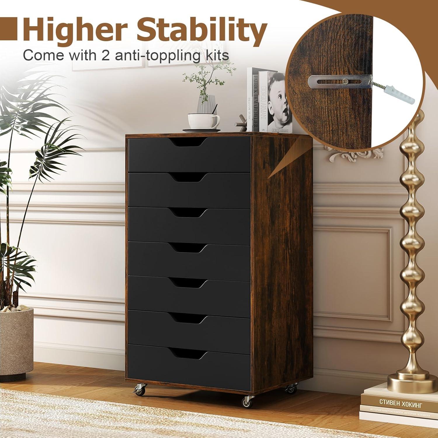 image:imageGiantex 5Drawer Storage Cabinet Mobile Lateral File Cabinet with Drawers Wheels Rolling Chest of Drawers 195 x 16 x 255 for Office Under Desk Living Room StudyRustic Brownblack
