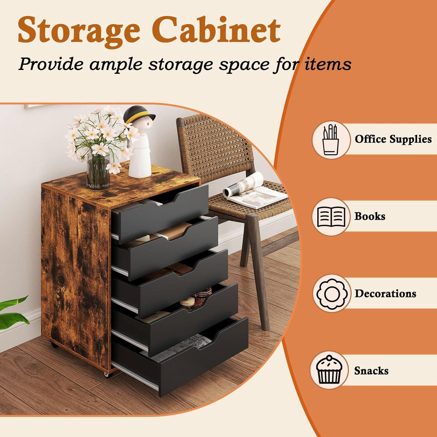 image:imageGiantex 5Drawer Storage Cabinet Mobile Lateral File Cabinet with Drawers Wheels Rolling Chest of Drawers 195 x 16 x 255 for Office Under Desk Living Room StudyRustic Brownblack