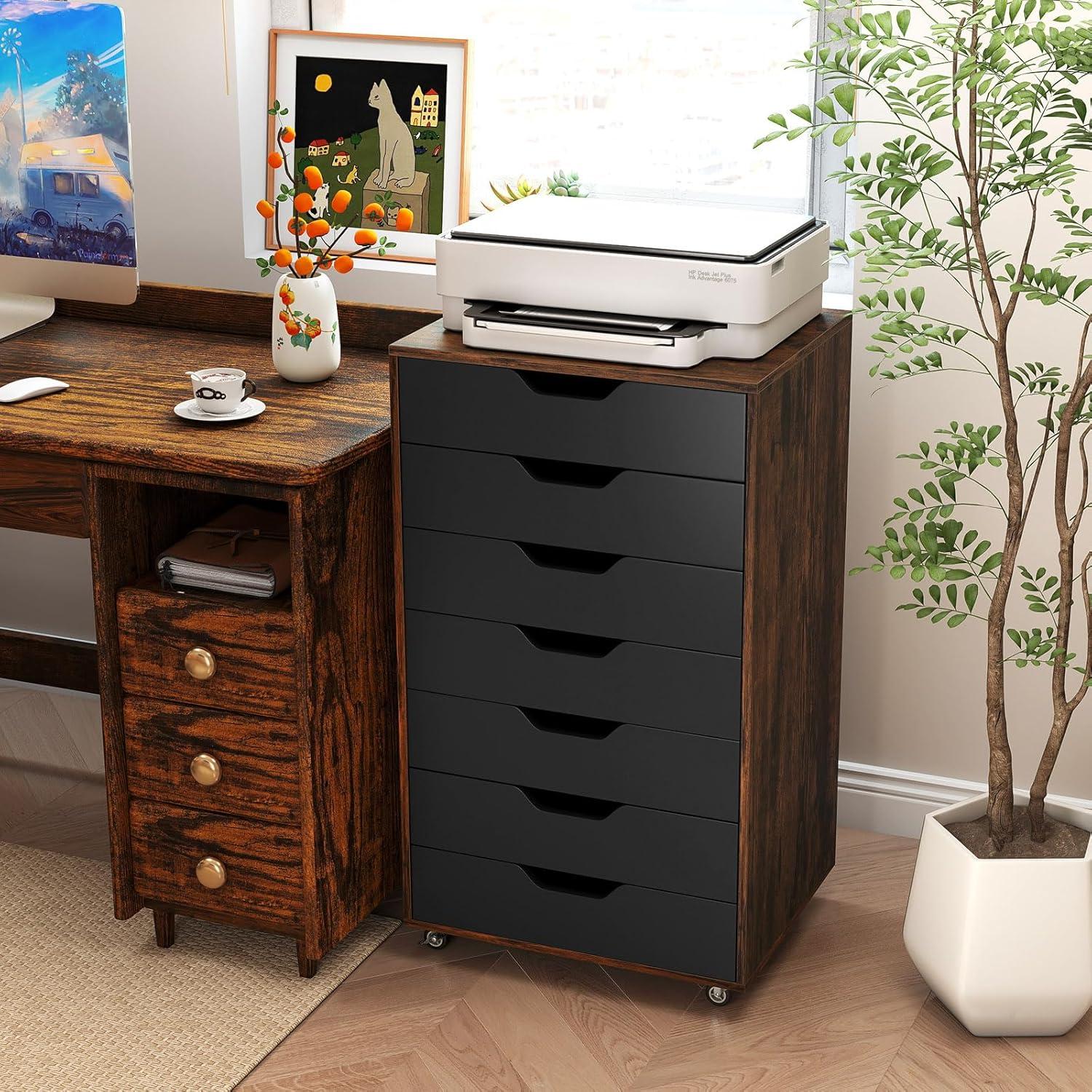 image:imageGiantex 5Drawer Storage Cabinet Mobile Lateral File Cabinet with Drawers Wheels Rolling Chest of Drawers 195 x 16 x 255 for Office Under Desk Living Room StudyRustic Brownblack