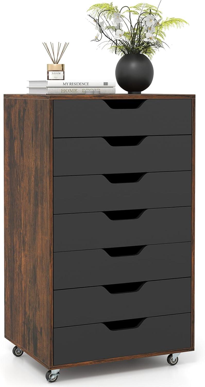 image:imageGiantex 5Drawer Storage Cabinet Mobile Lateral File Cabinet with Drawers Wheels Rolling Chest of Drawers 195 x 16 x 255 for Office Under Desk Living Room StudyRustic Brownblack